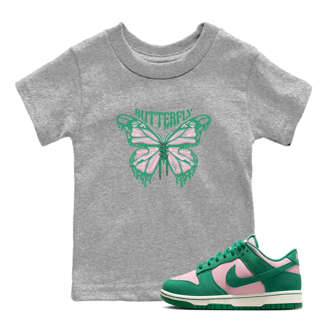 Dunk Low Medium Soft Pink Malachite shirt to match jordans Butterfly sneaker tees Dunk Retro SE Medium Soft Pink Malachite SNRT sneaker release tees baby toddler Heather Grey 1 cotton Shirt