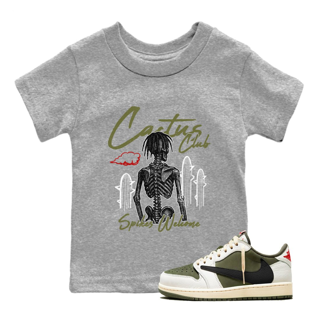 Sneaker match tees – Sneaker Tees To Match Air Jordan 1 Travis Scott Medium Olive Shoes – Cactus Club Kids T-Shirt Heather Grey 1