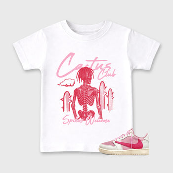 Perfect Sneakerhead Fashion Outfits – Sneaker Tees To Match Air Jordan 1 Low OG x Travis Scott Tropical Pink Shoes – Cactus Club Kids Graphic T-Shirt White 1