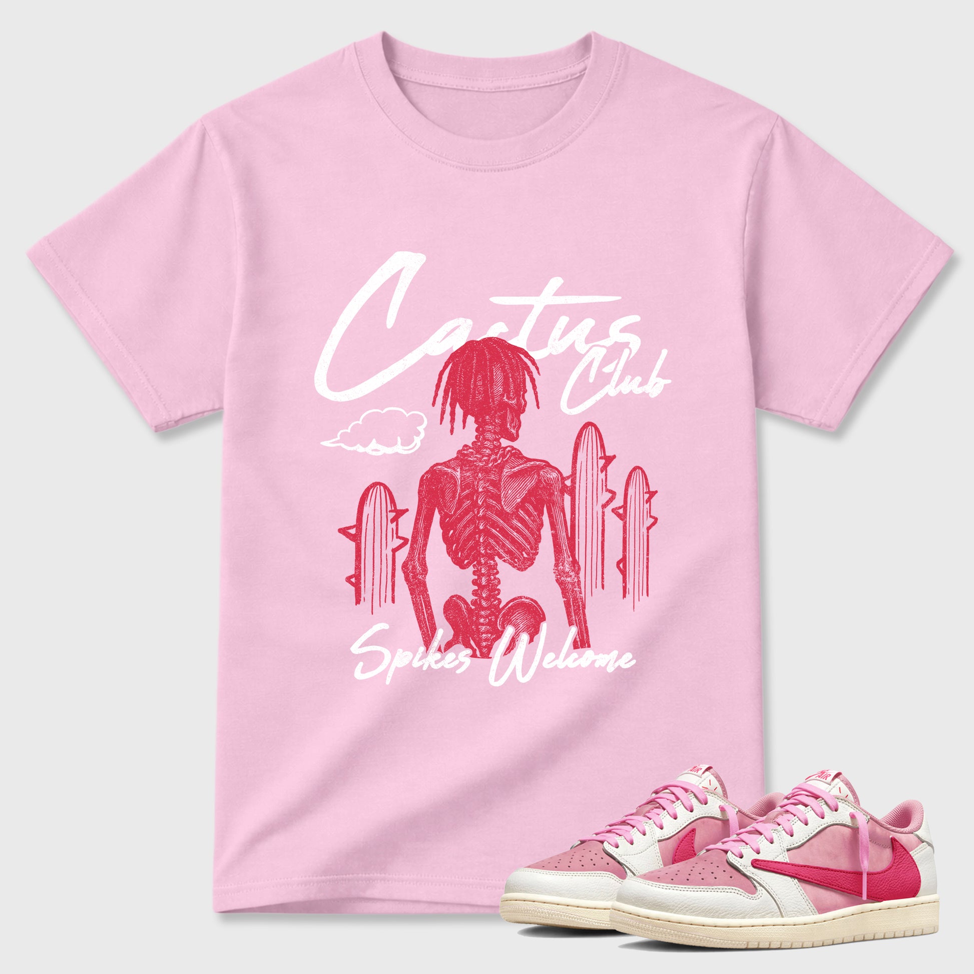 Perfect Sneakerhead Fashion Outfits – Sneaker Tees To Match Air Jordan 1 Low OG x Travis Scott Tropical Pink Shoes – Cactus Club Graphic Tee Pink 1