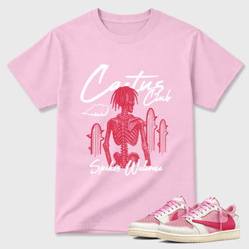 Perfect Sneakerhead Fashion Outfits – Sneaker Tees To Match Air Jordan 1 Low OG x Travis Scott Tropical Pink Shoes – Cactus Club Graphic Tee Pink 1