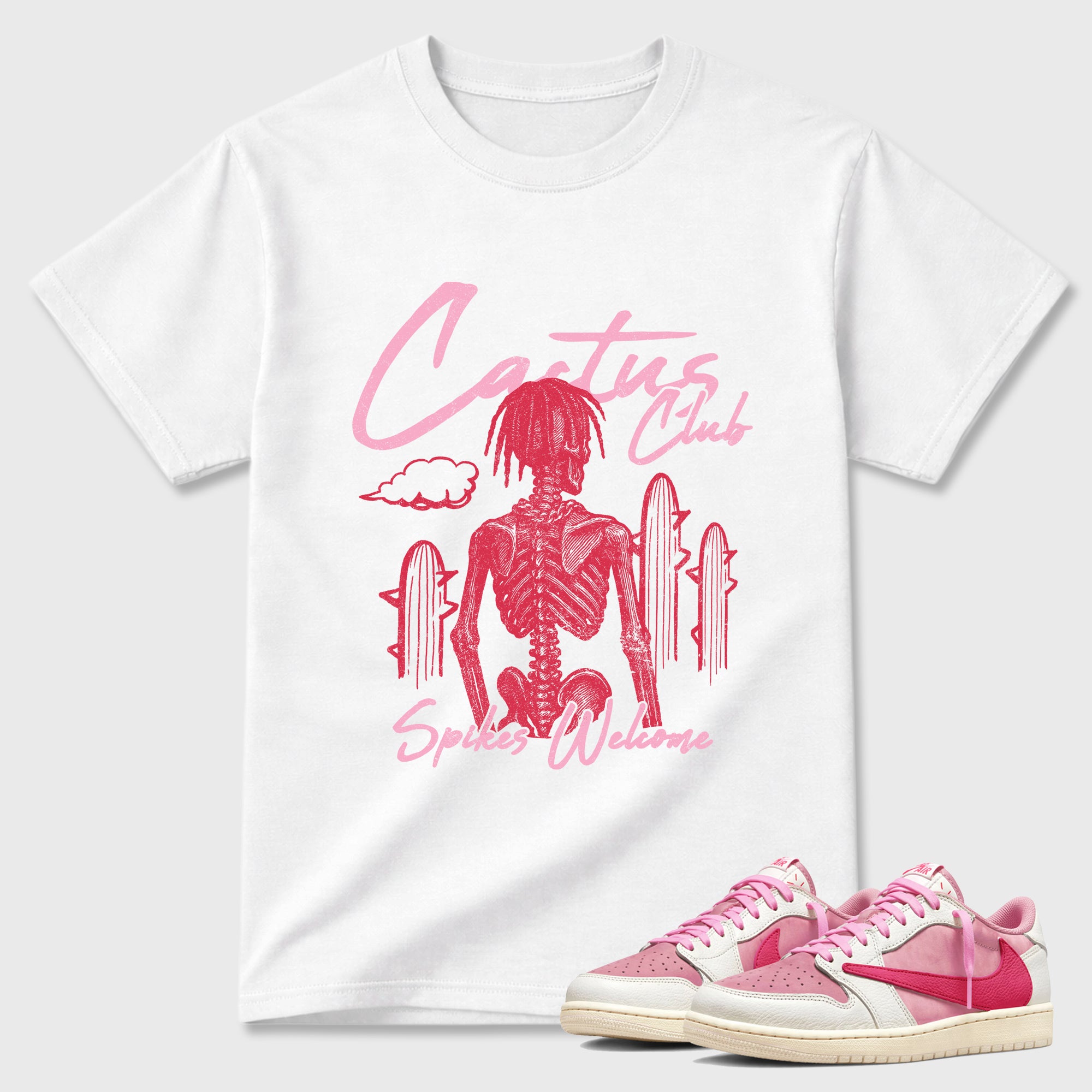 Perfect Sneakerhead Fashion Outfits – Sneaker Tees To Match Air Jordan 1 Low OG x Travis Scott Tropical Pink Shoes – Cactus Club Graphic Tee White 1