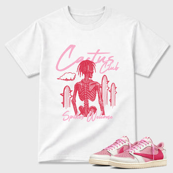 Perfect Sneakerhead Fashion Outfits – Sneaker Tees To Match Air Jordan 1 Low OG x Travis Scott Tropical Pink Shoes – Cactus Club Graphic Tee White 1