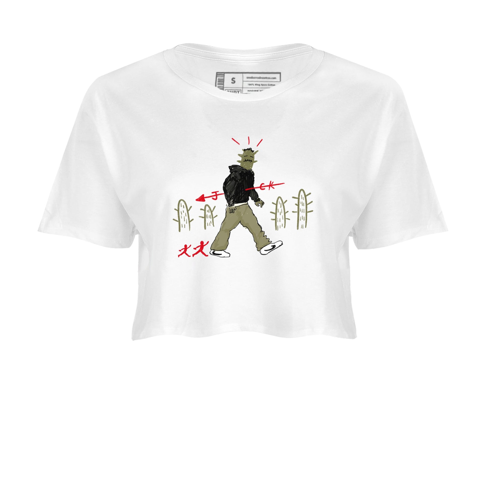 1s Travis Scott Medium Olive shirts to match jordans Cactus Man sneaker match tees Air Jordan 1 Travis Scott Medium Olive SNRT Sneaker Tees streetwear brand White 2 crop tee