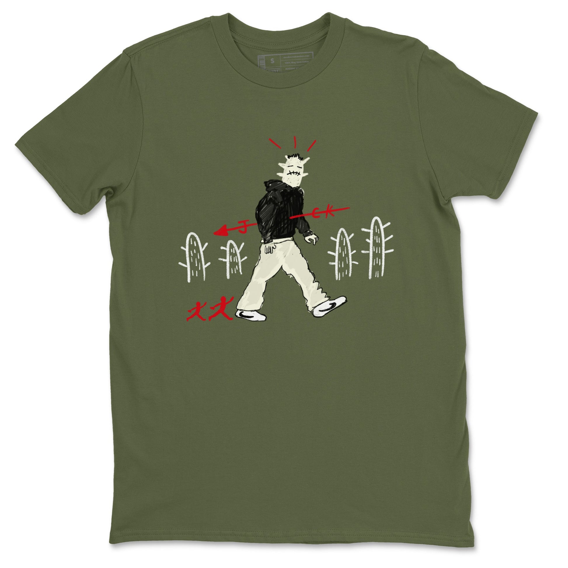 1s Travis Scott Medium Olive shirts to match jordans Cactus Man sneaker match tees Air Jordan 1 Travis Scott Medium Olive SNRT Sneaker Tees streetwear brand Military Green 2 unisex cotton tee