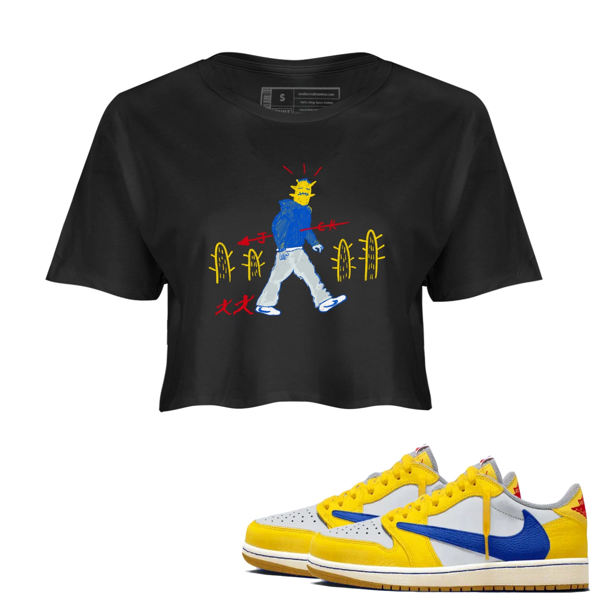 Air Jordan 1 Low x Travis Scott x Canary shirt to match jordans Cactus Man sneaker tees Air Jordan 1 Travis Scott Canary Streetwear Brand Streetwear Brand SNRT Sneaker Release Tees Black 1 crop length shirt