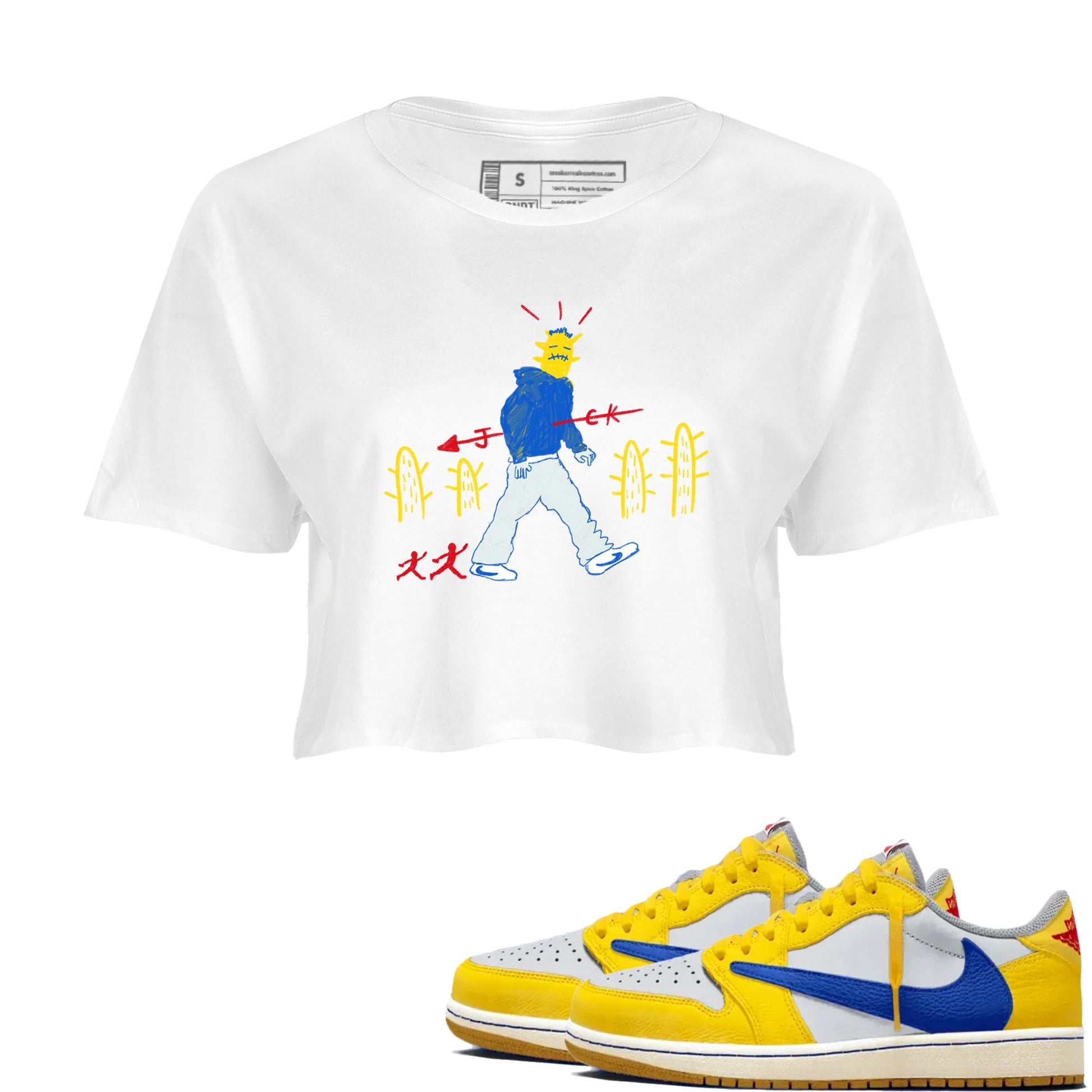 Air Jordan 1 Low x Travis Scott x Canary shirt to match jordans Cactus Man sneaker tees Air Jordan 1 Travis Scott Canary Streetwear Brand SNRT Sneaker Release Tees White 1 crop length shirt