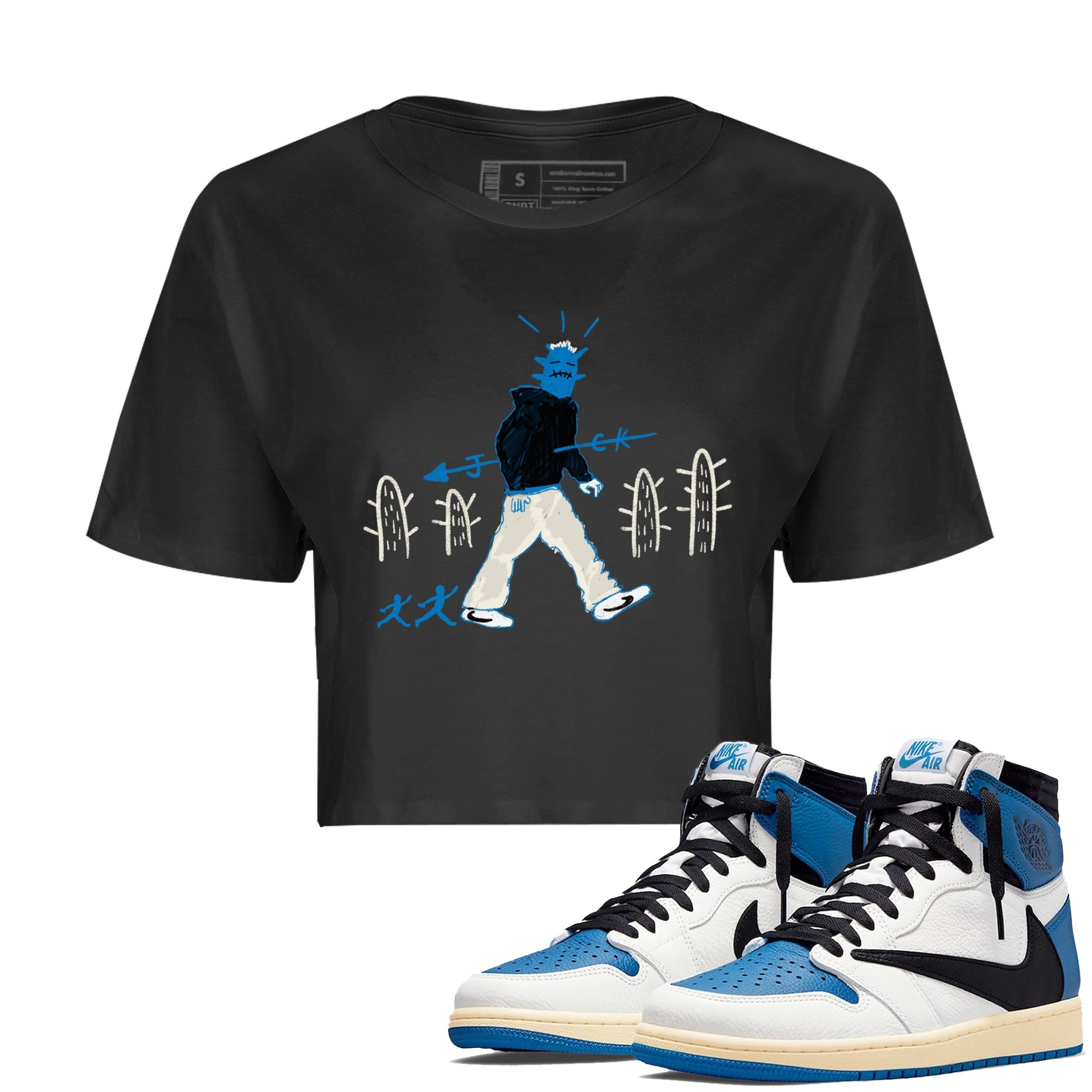 Air Jordan 1 x Travis Scott x Fragment shirt to match jordans Cactus Man sneaker tees Air Jordan 1 Travis Scott Fragment Streetwear Brand Streetwear Brand SNRT Sneaker Release Tees Black 1 crop length shirt
