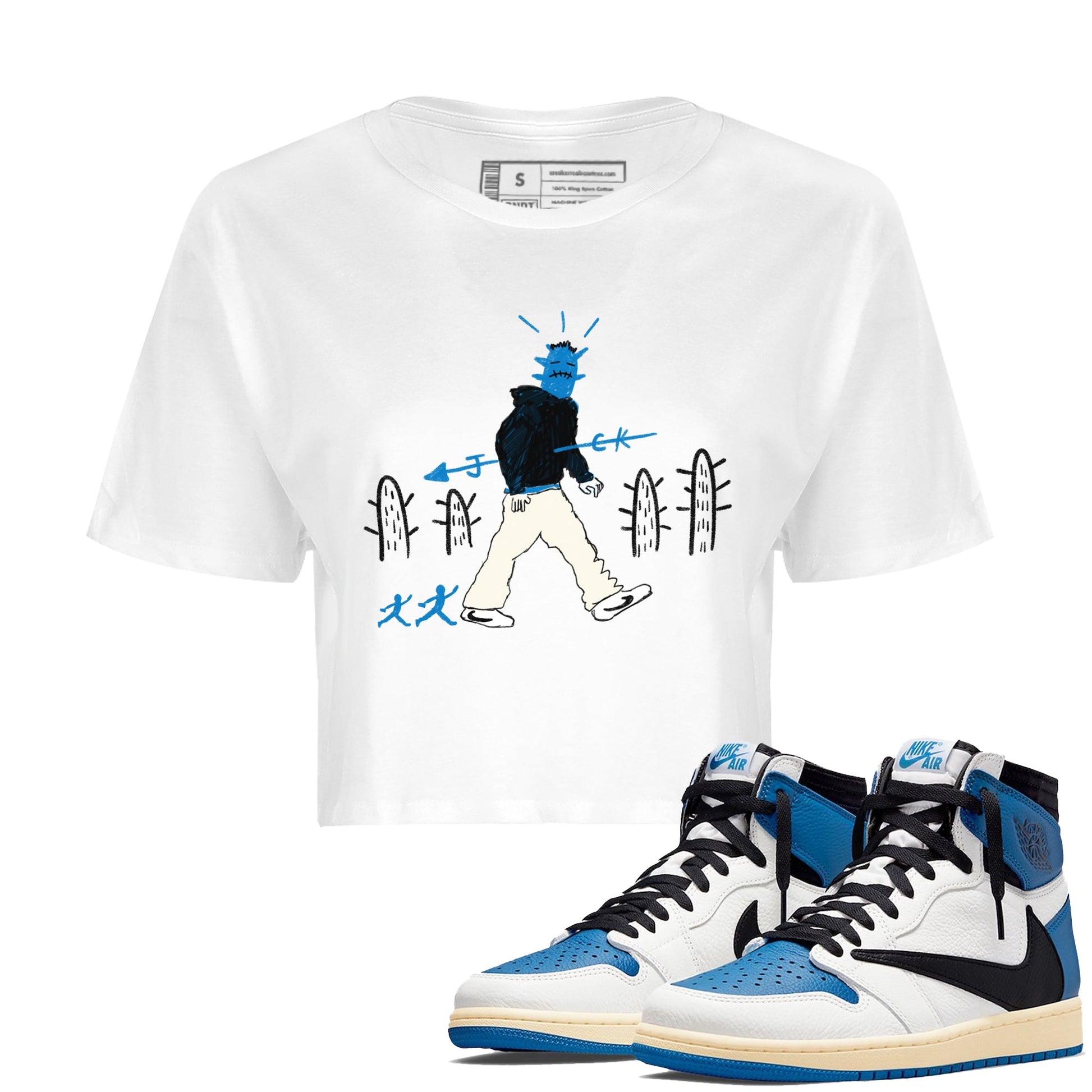 Air Jordan 1 x Travis Scott x Fragment shirt to match jordans Cactus Man sneaker tees 1s Travis Scott Fragment Streetwear Brand SNRT Sneaker Tees White 1 crop length shirt