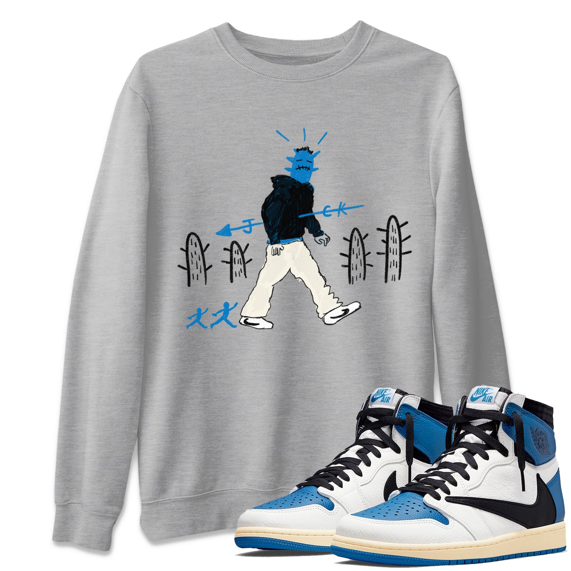 Air Jordan 1 x Travis Scott x Fragment shirt to match jordans Cactus Man sneaker tees 1s Travis Scott Fragment Streetwear Brand SNRT Sneaker Tees unisex cotton Heather Grey 1 crew neck shirt