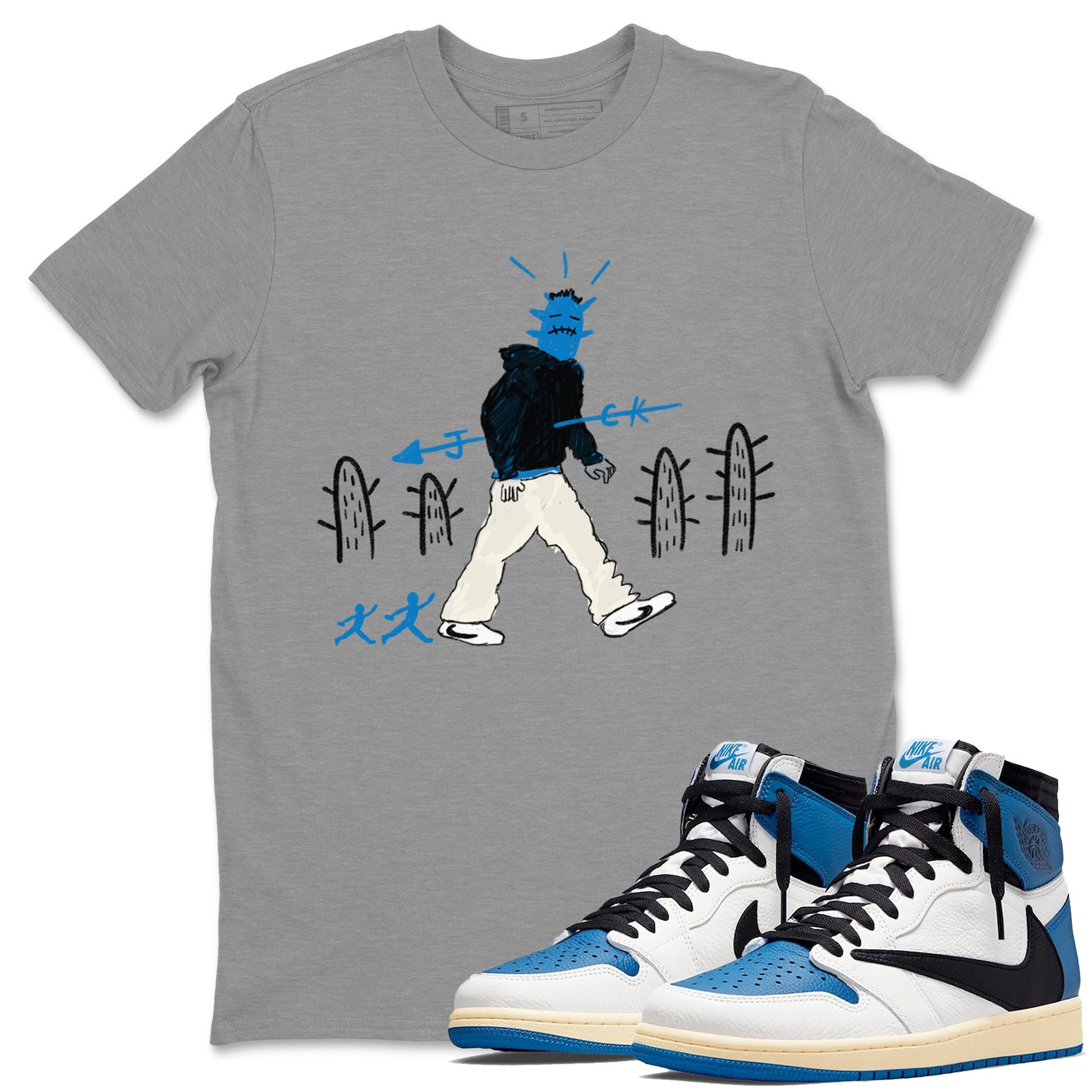 Air Jordan 1 x Travis Scott x Fragment shirt to match jordans Cactus Man sneaker tees 1s Travis Scott Fragment Streetwear Brand SNRT Sneaker Tees unisex cotton Heather Grey 1 crew neck shirt