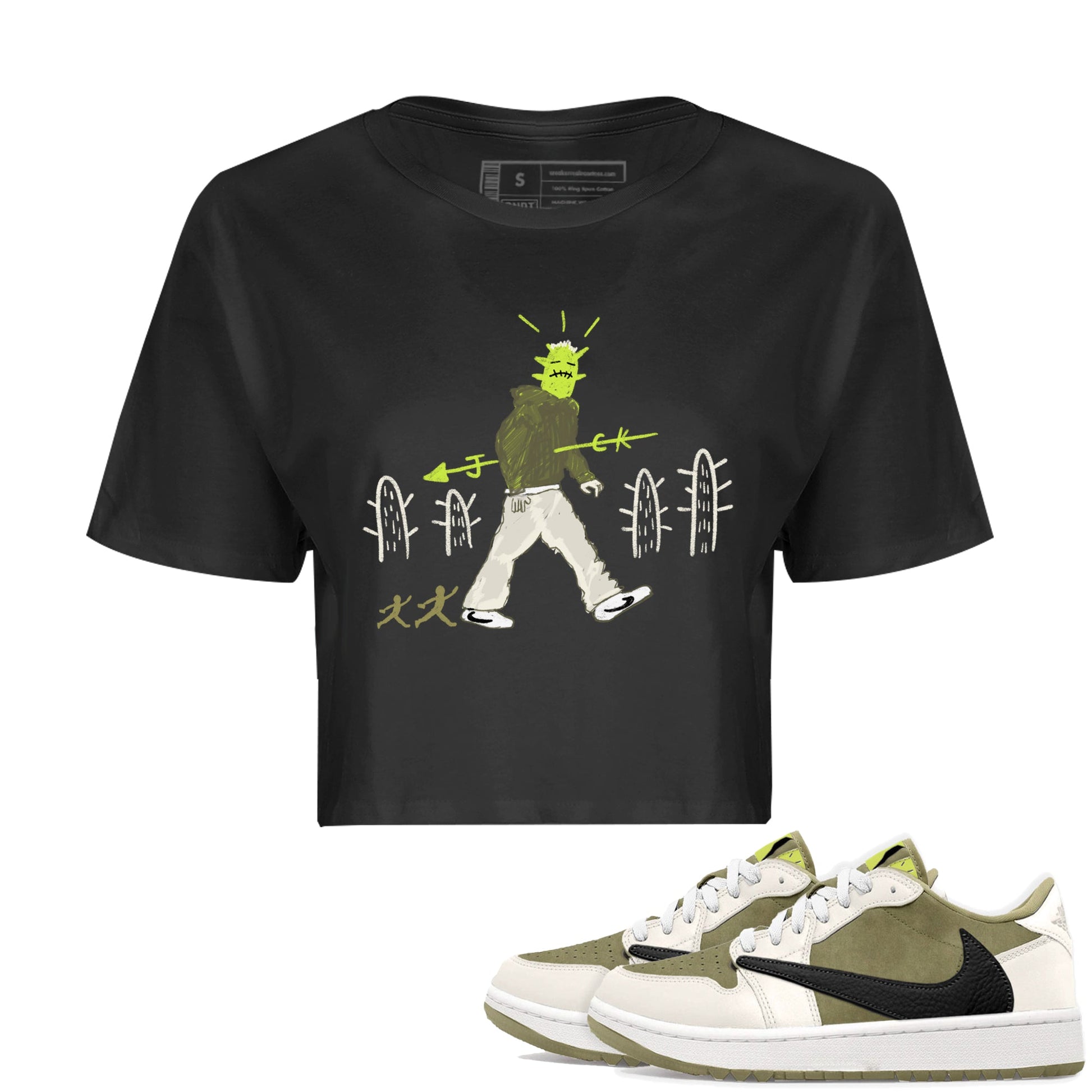 Air Jordan 1 Travis Scott Golf Olive shirt to match jordans Cactus Man sneaker tees Air Jordan 1 Travis Scott Golf Streetwear Brand Streetwear Brand SNRT Sneaker Release Tees Black 1 crop length shirt