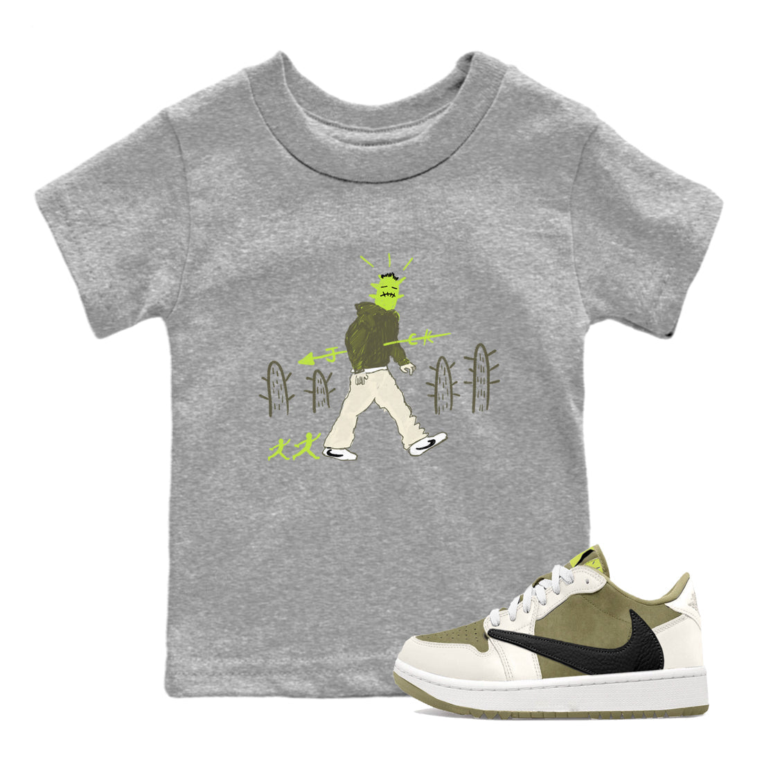 Air Jordan 1 Travis Scott Golf Olive shirt to match jordans Cactus Man sneaker tees 1s Travis Scott Golf Olive Streetwear Brand SNRT Sneaker Tees baby toddler Heather Grey 1 cotton Shirt