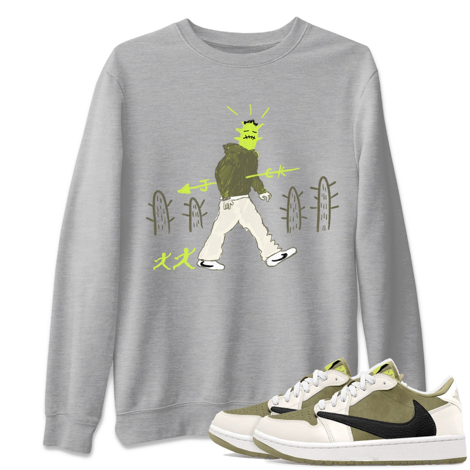 Air Jordan 1 Travis Scott Golf Olive shirt to match jordans Cactus Man sneaker tees 1s Travis Scott Golf Olive Streetwear Brand SNRT Sneaker Tees unisex cotton Heather Grey 1 crew neck shirt