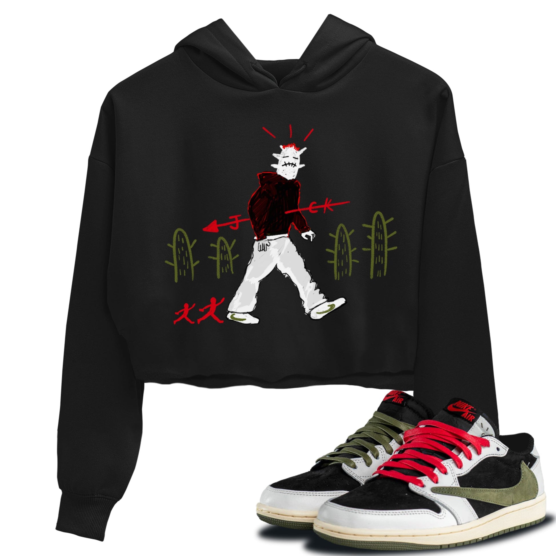 Air Jordan 1 Travis Scott Olive shirt to match jordans Cactus Man sneaker tees Air Jordan 1 Travis Scott Olive Streetwear Brand Streetwear Brand SNRT Sneaker Release Tees Black 1 crop length shirt