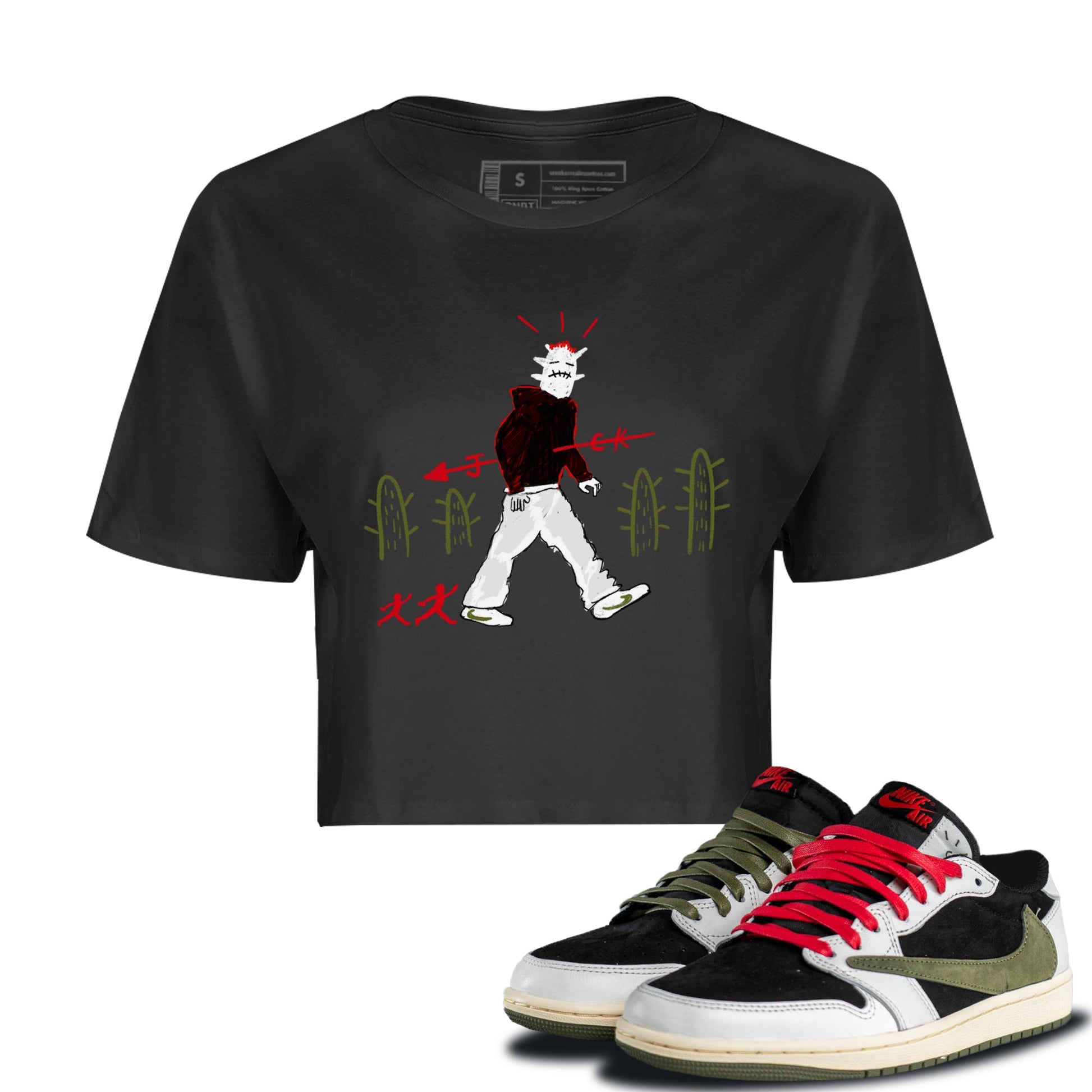 Air Jordan 1 Travis Scott Olive shirt to match jordans Cactus Man sneaker tees Air Jordan 1 Travis Scott Olive Streetwear Brand Streetwear Brand SNRT Sneaker Release Tees Black 1 crop length shirt