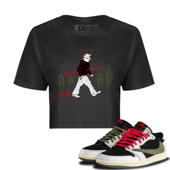 Air Jordan 1 Travis Scott Olive shirt to match jordans Cactus Man sneaker tees Air Jordan 1 Travis Scott Olive Streetwear Brand Streetwear Brand SNRT Sneaker Release Tees Black 1 crop length shirt