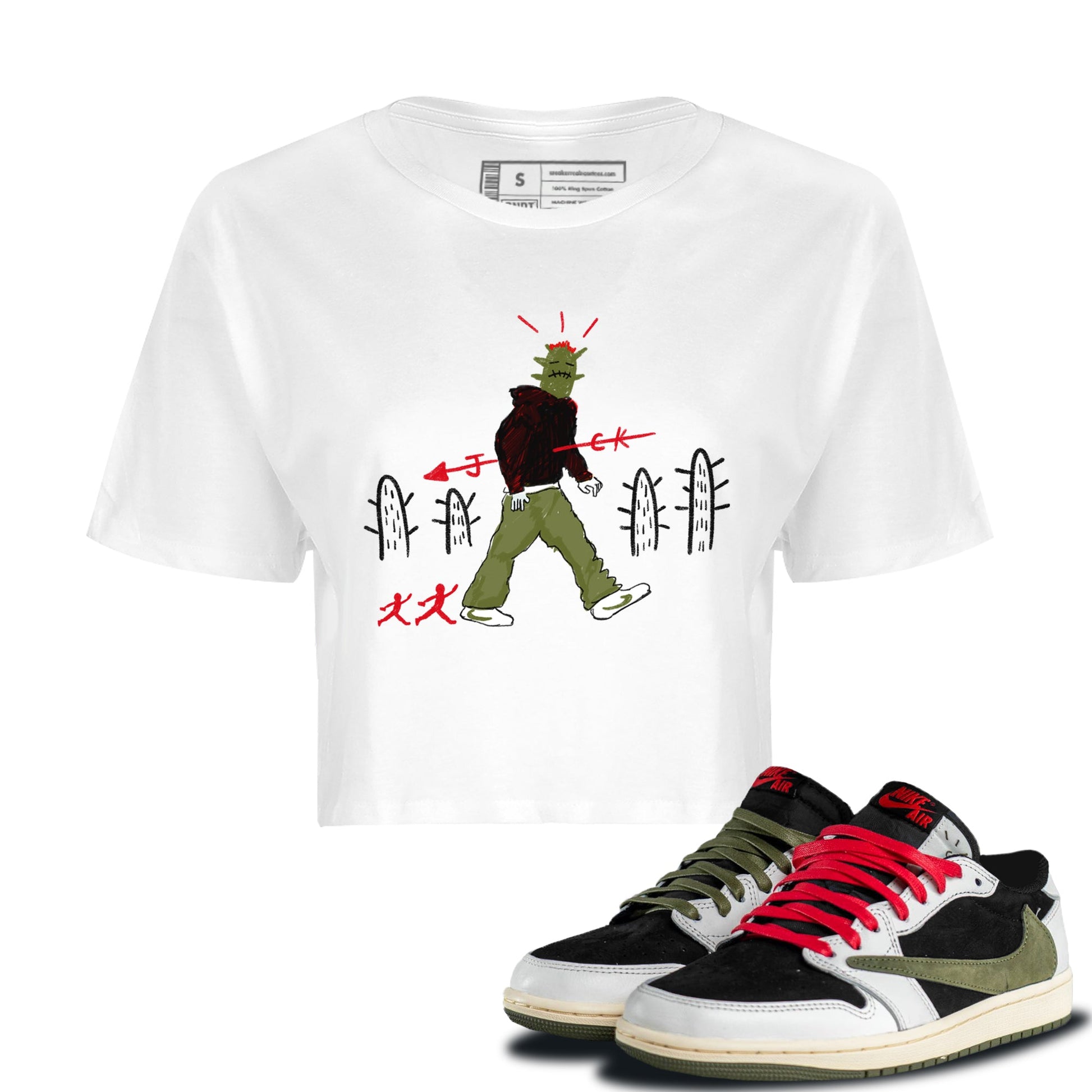 Air Jordan 1 Travis Scott Olive shirt to match jordans Cactus Man sneaker tees Air Jordan 1 x Travis Scott x Olive Streetwear Brand SNRT Sneaker Tees White 1 crop length shirt