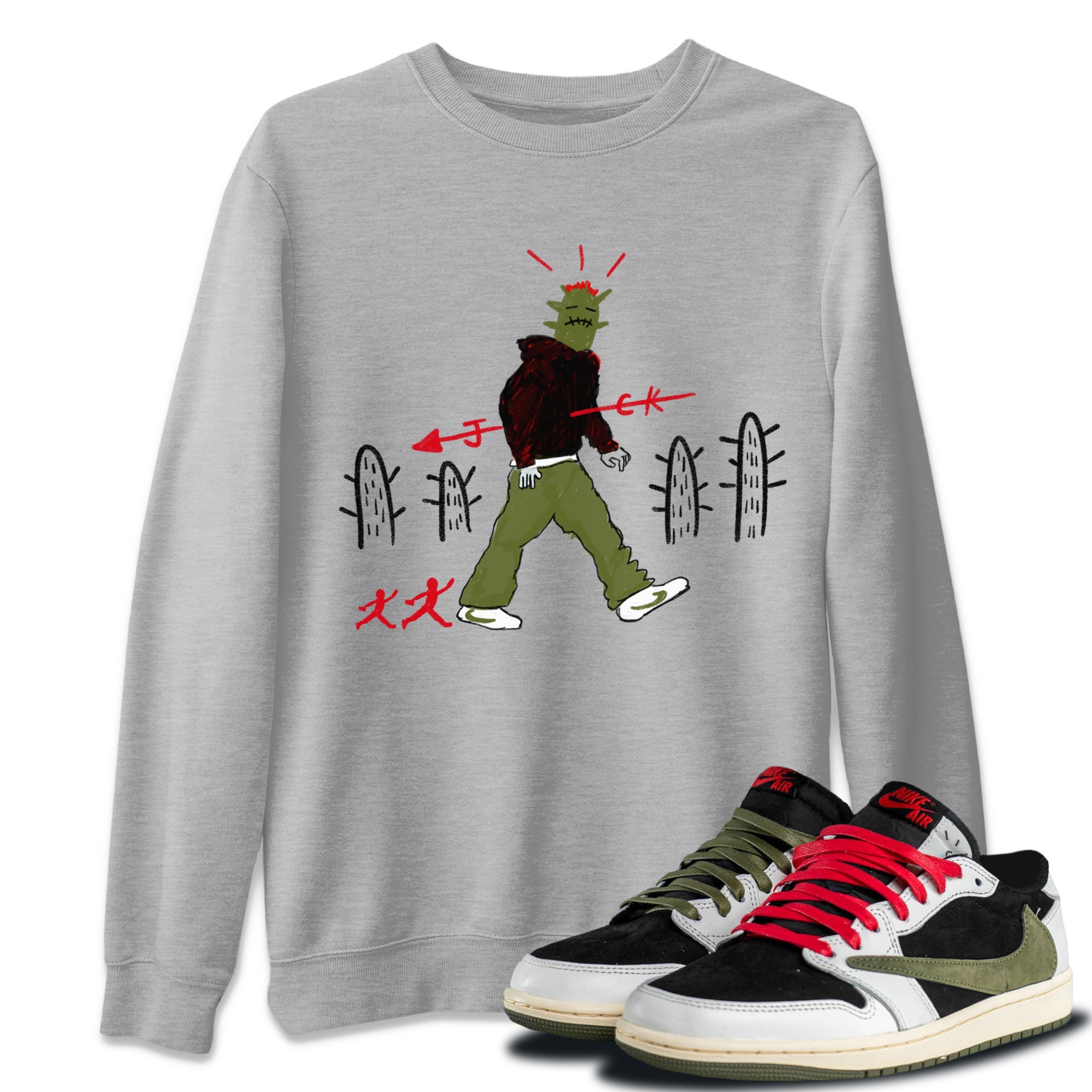 Air Jordan 1 Travis Scott Olive shirt to match jordans Cactus Man sneaker tees Air Jordan 1 x Travis Scott x Olive Streetwear Brand SNRT Sneaker Tees unisex cotton Heather Grey 1 crew neck shirt