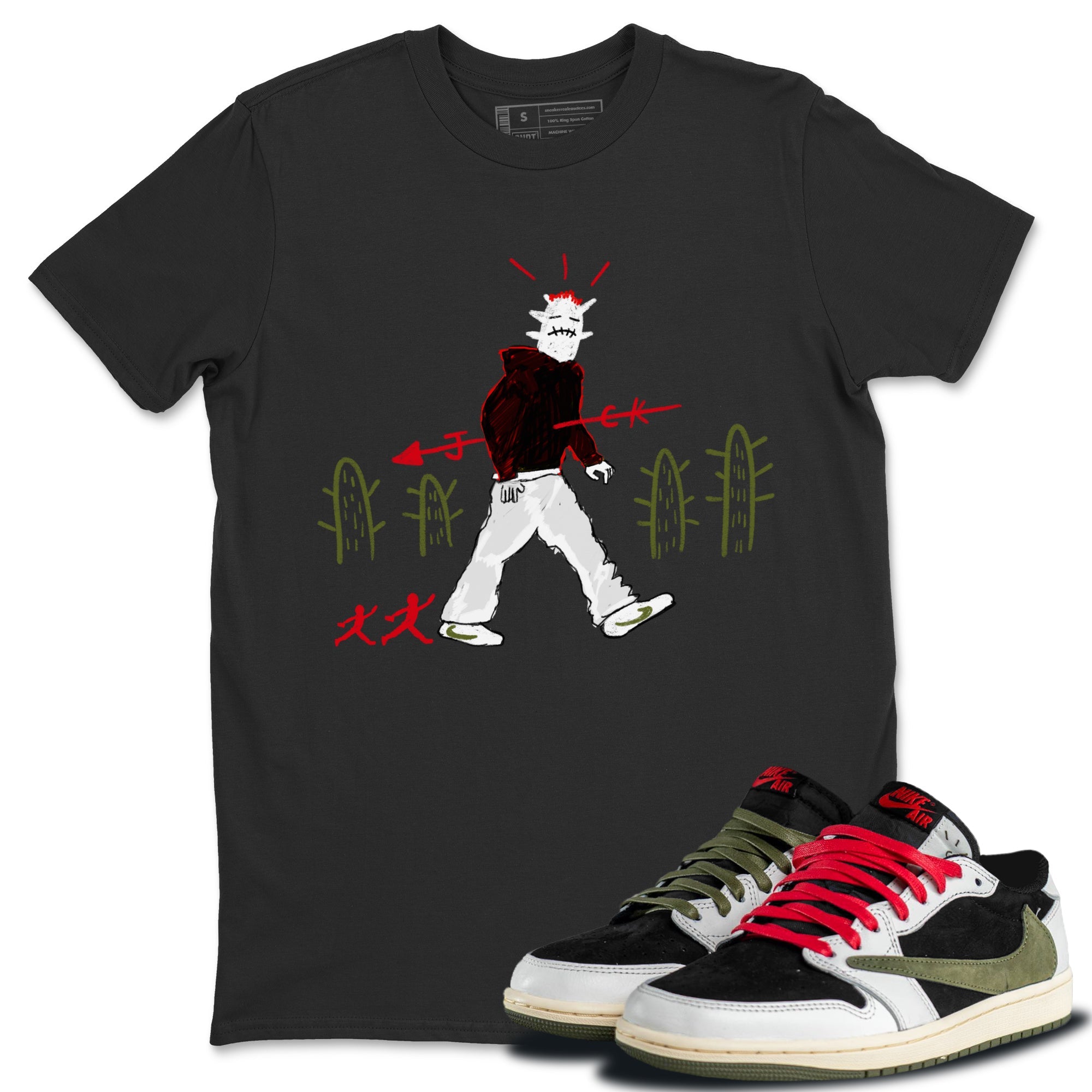 Air Jordan 1 Travis Scott Olive shirt to match jordans Cactus Man sneaker tees Air Jordan 1 x Travis Scott x Olive Streetwear Brand SNRT Sneaker Tees unisex cotton Black 1 crew neck shirt