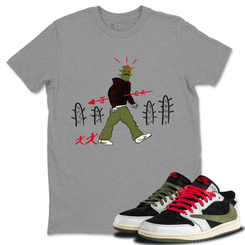 Air Jordan 1 Travis Scott Olive shirt to match jordans Cactus Man sneaker tees Air Jordan 1 x Travis Scott x Olive Streetwear Brand SNRT Sneaker Tees unisex cotton Heather Grey 1 crew neck shirt