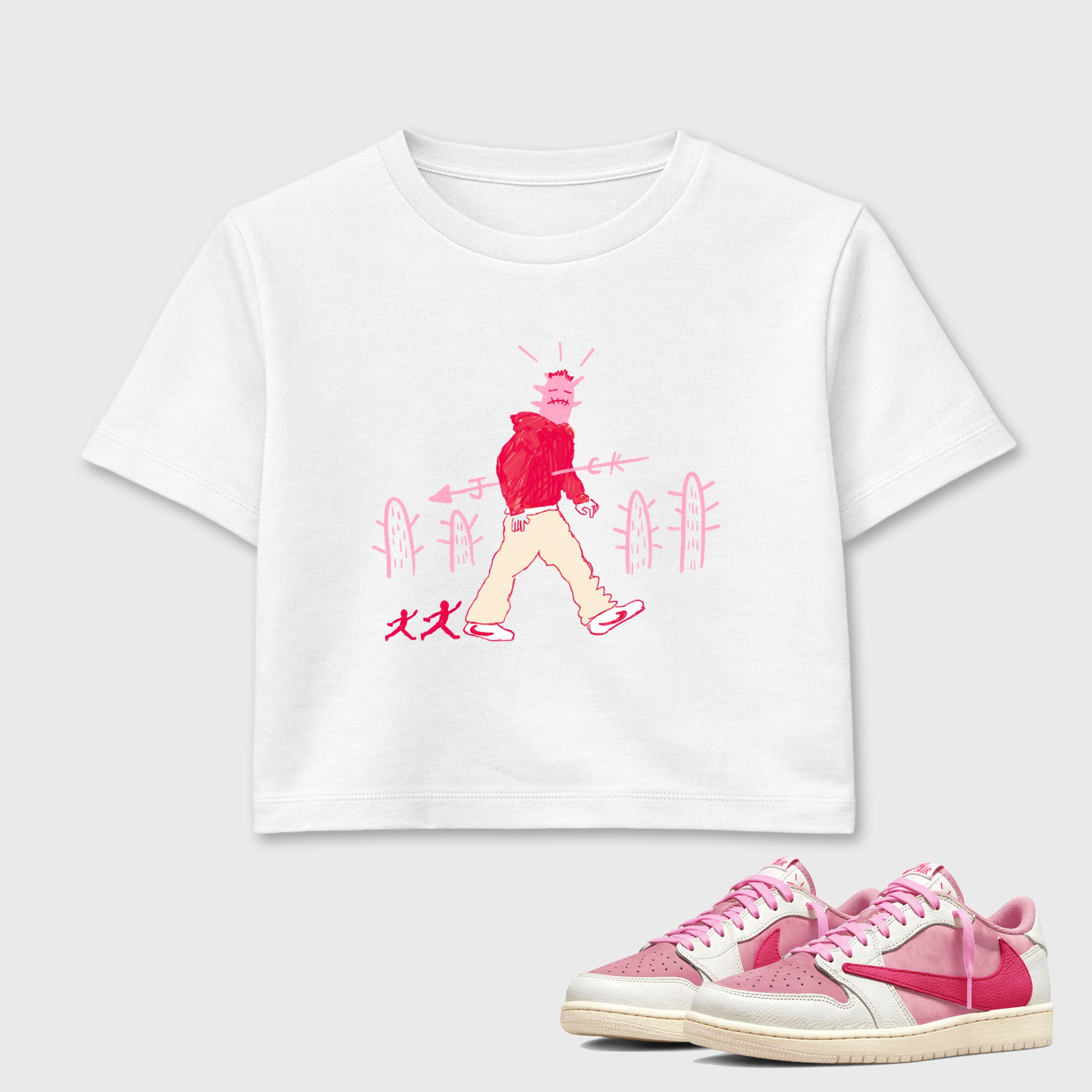 Cactus Man women’s crop tee designed to match the Air Jordan 1 Travis Scott Tropical Pink, featuring coordinated White 1 options for a perfect streetwear vibe.