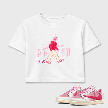 Cactus Man women’s crop tee designed to match the Air Jordan 1 Travis Scott Tropical Pink, featuring coordinated White 1 options for a perfect streetwear vibe.