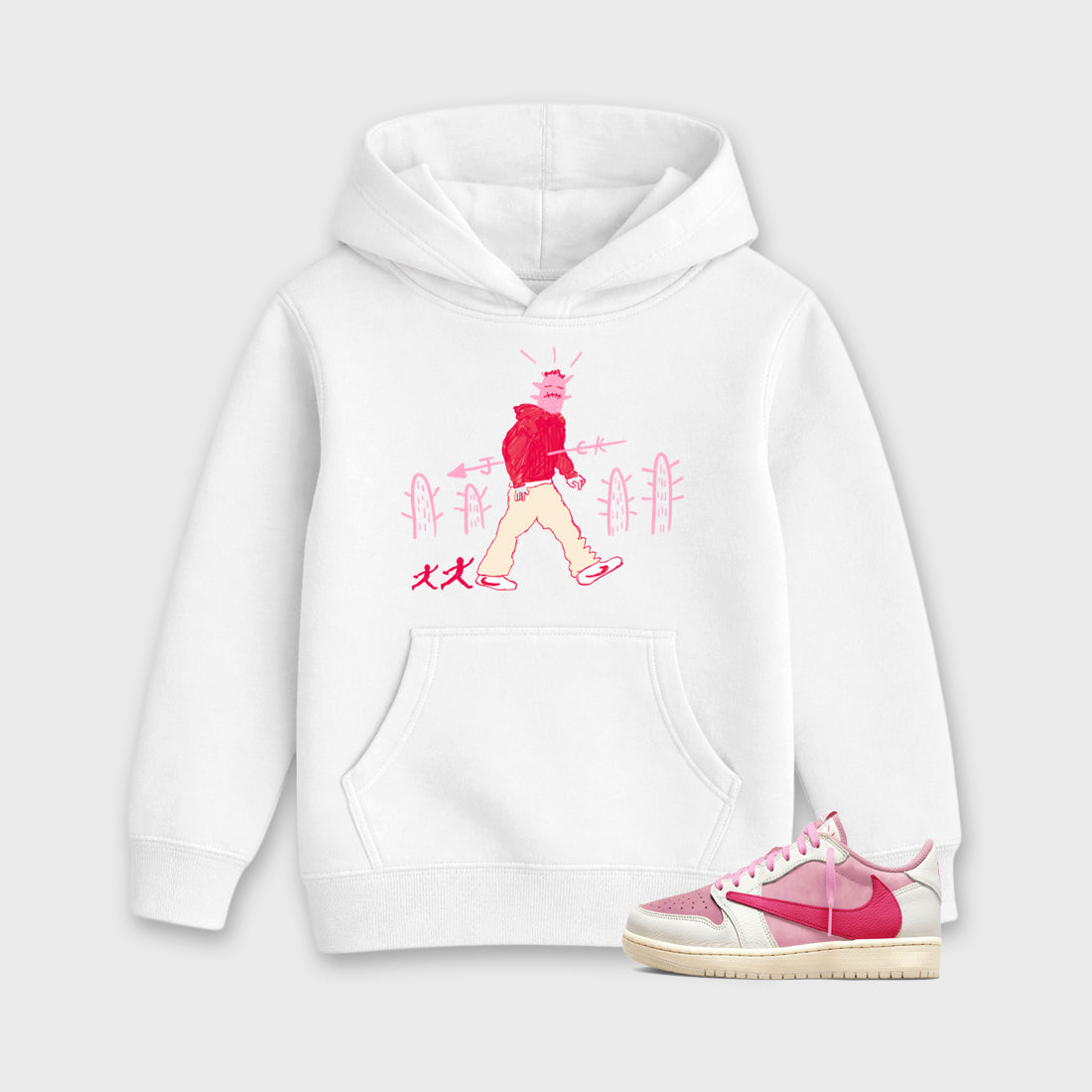 Cactus Man affordable baby and kids t-shirt designed to match the Air Jordan 1 Travis Scott Tropical Pink, featuring coordinated White 1 options for the perfect little sneakerhead streetwear look.