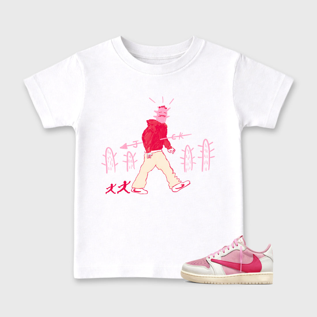 Cactus Man affordable baby and kids t-shirt designed to match the Air Jordan 1 Travis Scott Tropical Pink, featuring coordinated White 1 options for the perfect little sneakerhead streetwear look.