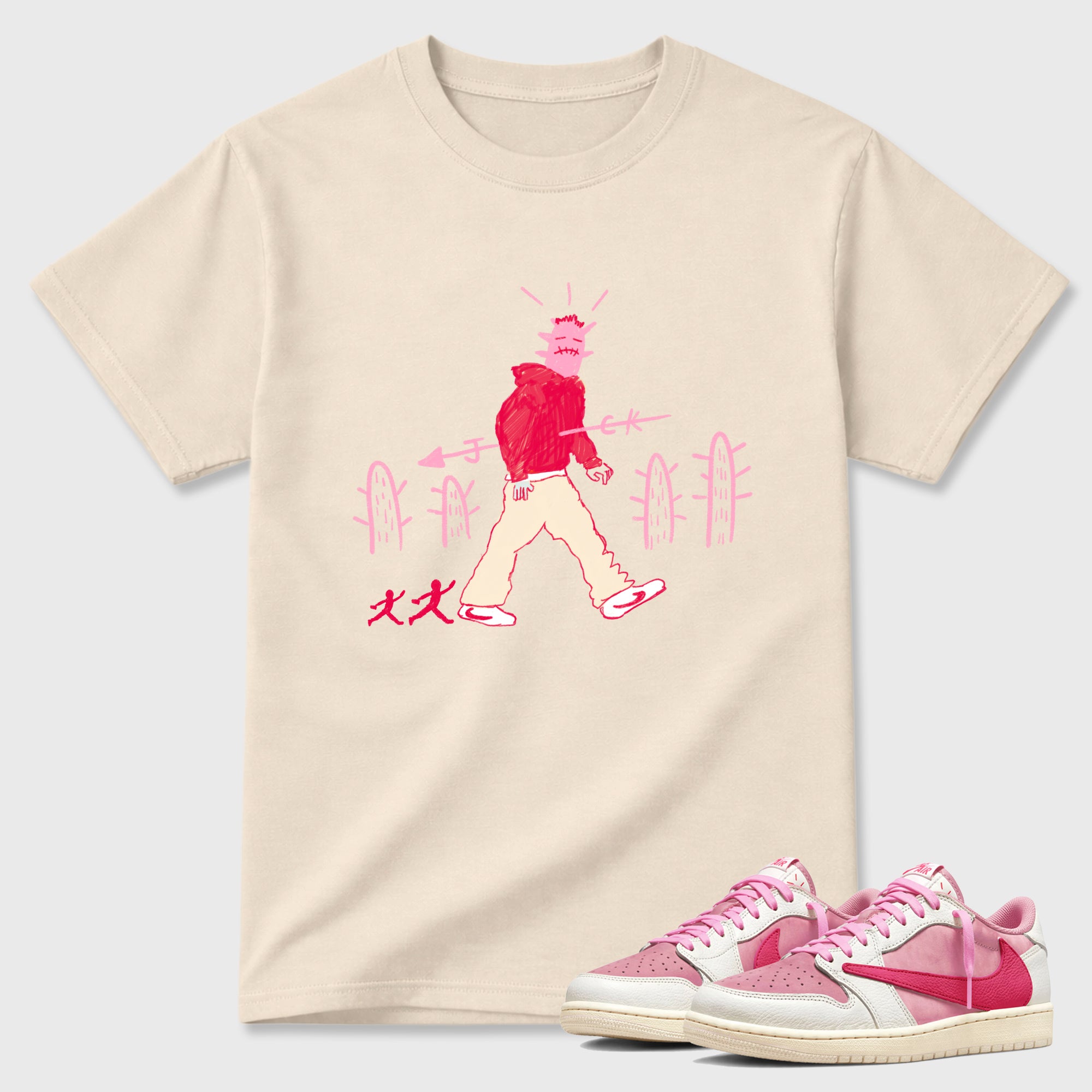 Cactus Man Graphic T-Shirt sneaker match tee designed for the Air Jordan 1 Travis Scott Tropical Pink, featuring coordinated color options for a perfect streetwear match. Natural 1 shirt.