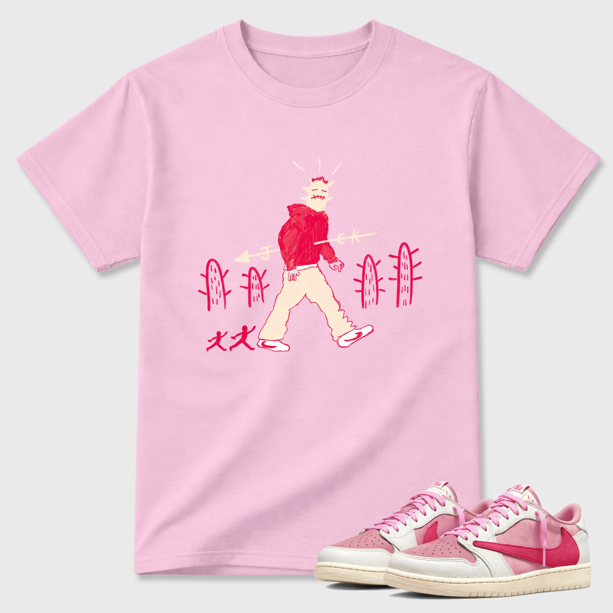 Cactus Man Graphic T-Shirt sneaker match tee designed for the Air Jordan 1 Travis Scott Tropical Pink, featuring coordinated color options for a perfect streetwear match. Pink 1 shirt.