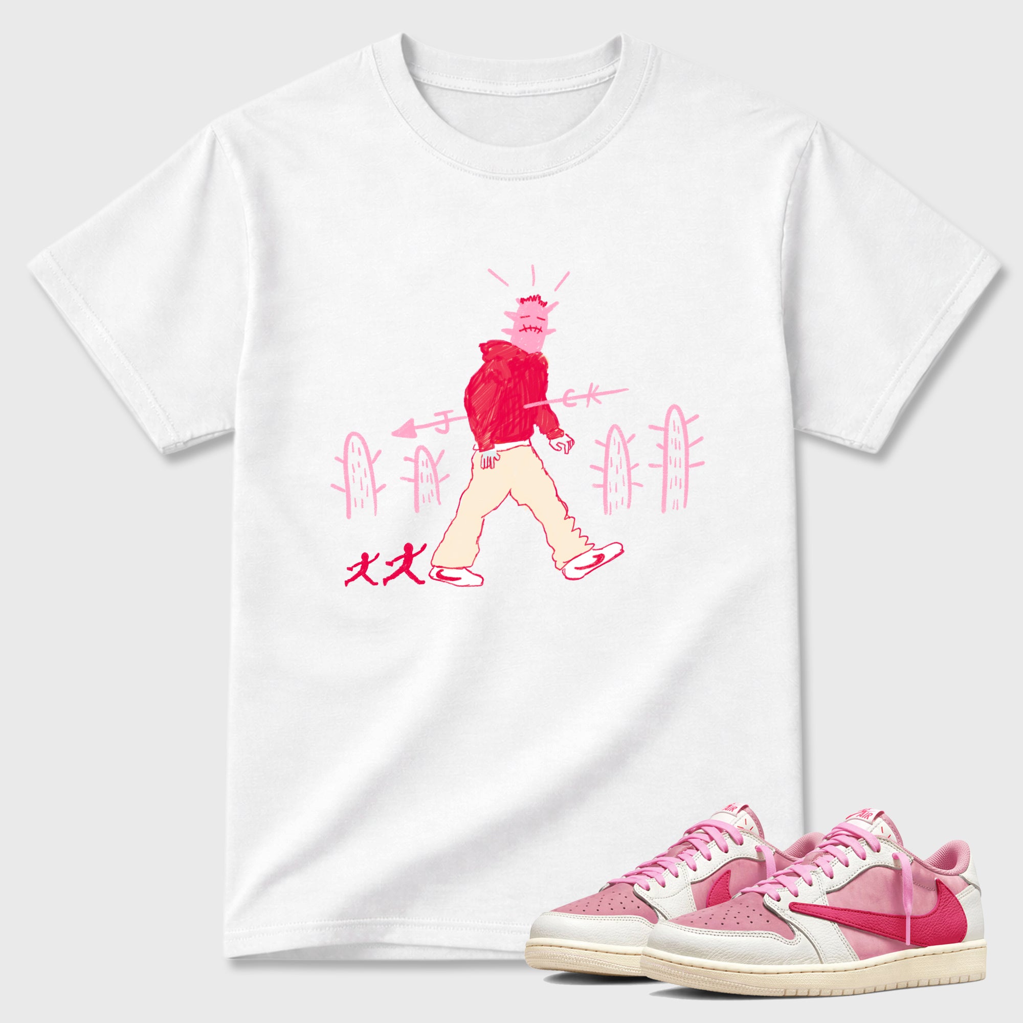 Cactus Man Graphic T-Shirt sneaker match tee designed for the Air Jordan 1 Travis Scott Tropical Pink, featuring coordinated color options for a perfect streetwear match. White 1 shirt.