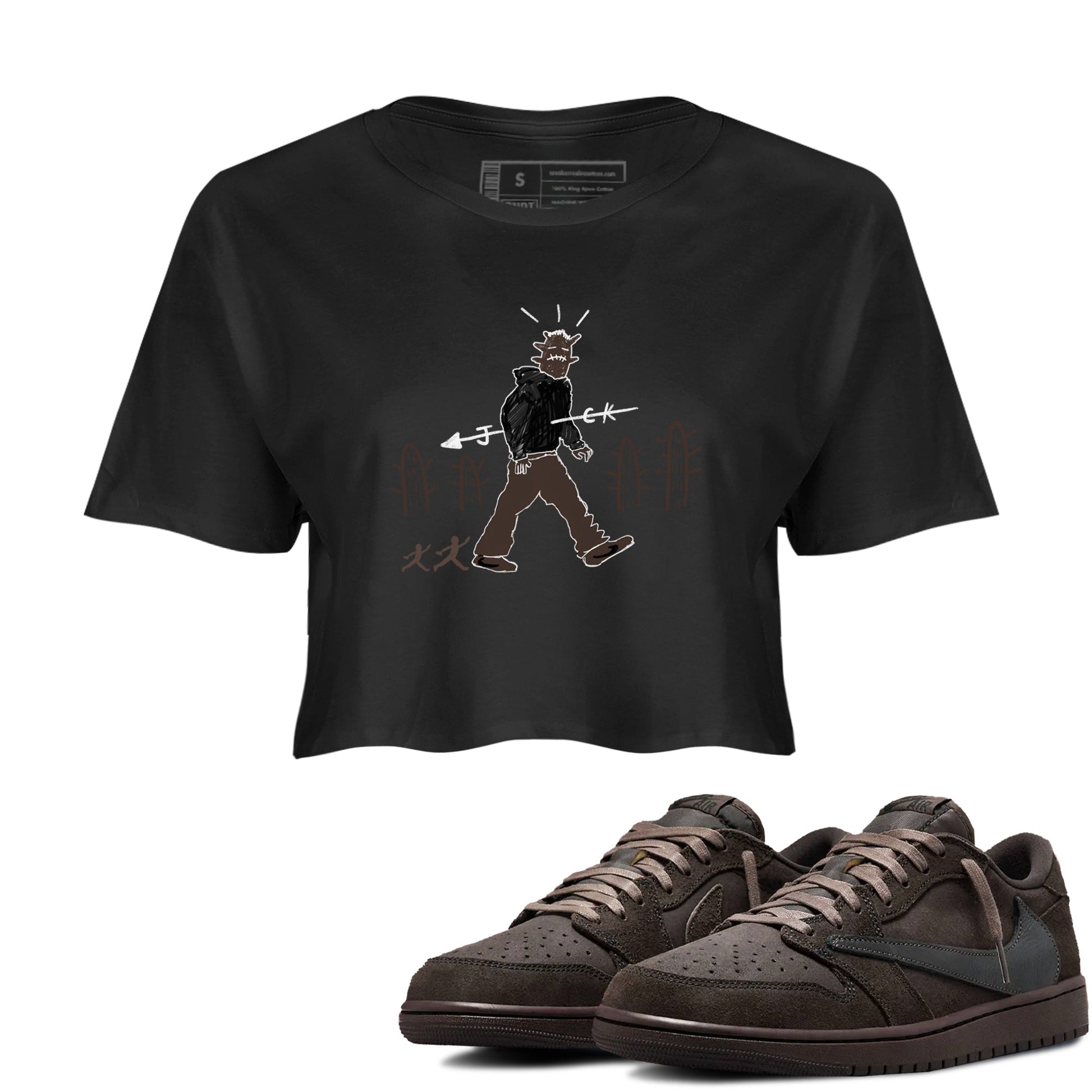 1s Travis Scott Velvet Brown shirts to match jordans Cactus Man best t shirts to wear with jordans Travis Scott x Air Jordan 1 Low OG Velvet Brown match shoes to clothes SNRT Sneaker Tees unisex cotton Black 1 crop tee