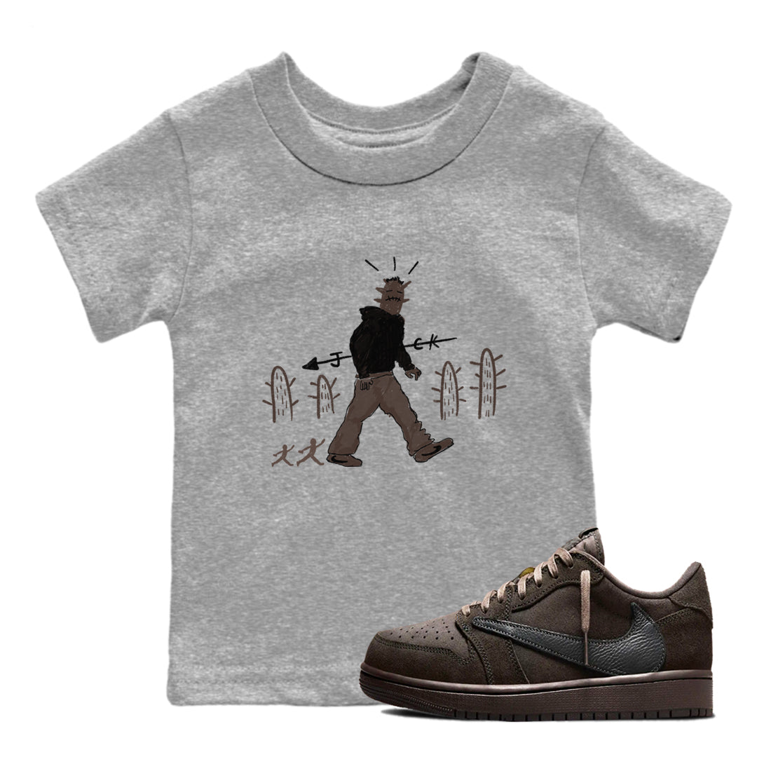 1s Travis Scott Velvet Brown shirts to match jordans Cactus Man best t shirts to wear with jordans Travis Scott x Air Jordan 1 Low OG Velvet Brown match shoes to clothes SNRT Sneaker Tees Youth Baby Heather Grey 1 tee
