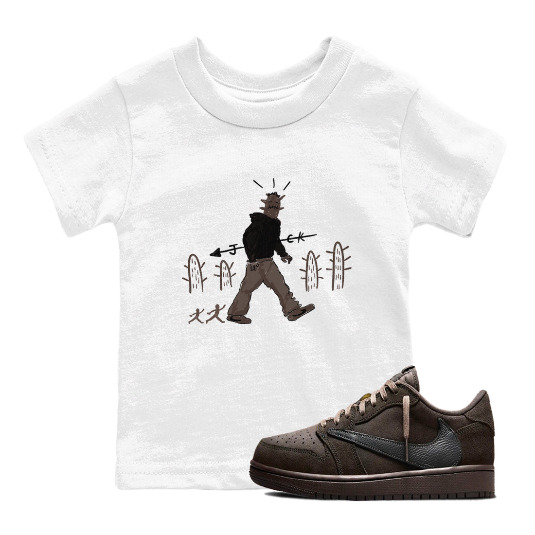 1s Travis Scott Velvet Brown shirts to match jordans Cactus Man best t shirts to wear with jordans Travis Scott x Air Jordan 1 Low OG Velvet Brown match shoes to clothes SNRT Sneaker Tees Youth Baby White 1 tee