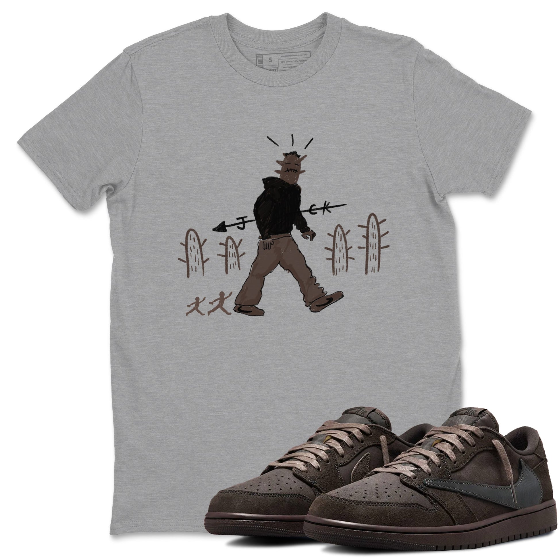 1s Travis Scott Velvet Brown shirts to match jordans Cactus Man best t shirts to wear with jordans Travis Scott x Air Jordan 1 Low OG Velvet Brown match shoes to clothes SNRT Sneaker Tees unisex cotton Heather Grey 1 shirts