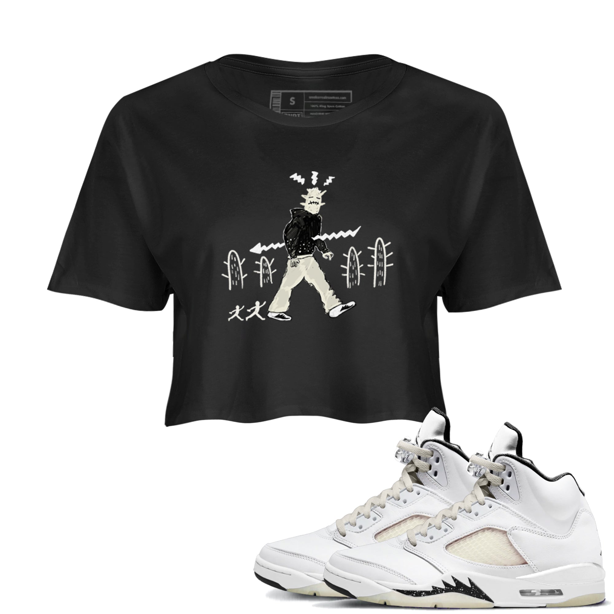 AJ5 Sail shirt to match jordans Cactus Man sneaker tees Air Jordan 5 Sail SNRT Sneaker Release Tees Black 1 crop length shirt