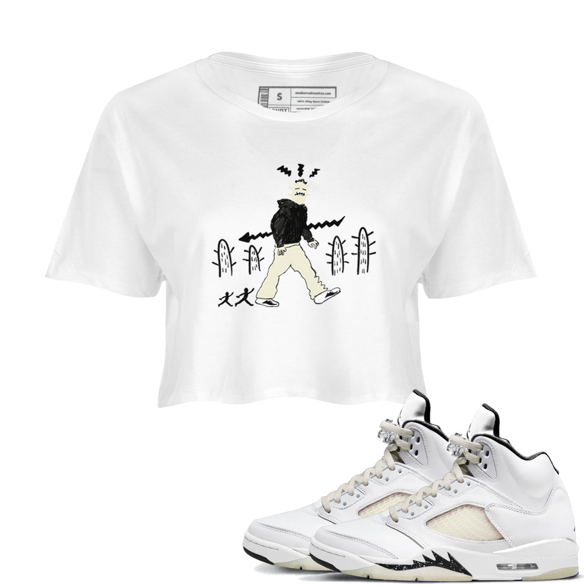 AJ5 Sail shirt to match jordans Cactus Man sneaker tees Air Jordan 5 Sail SNRT Sneaker Release Tees White 1 crop length shirt