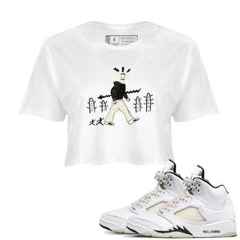 AJ5 Sail shirt to match jordans Cactus Man sneaker tees Air Jordan 5 Sail SNRT Sneaker Release Tees White 1 crop length shirt