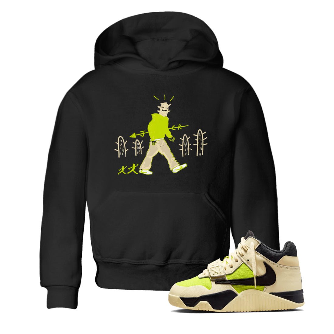 Cactus Man baby and kids t-shirt crafted for little sneakerheads to shine with the Jordan Jumpman Jack Travis Scott Bright Cactus sneakers, displayed in Black 1.