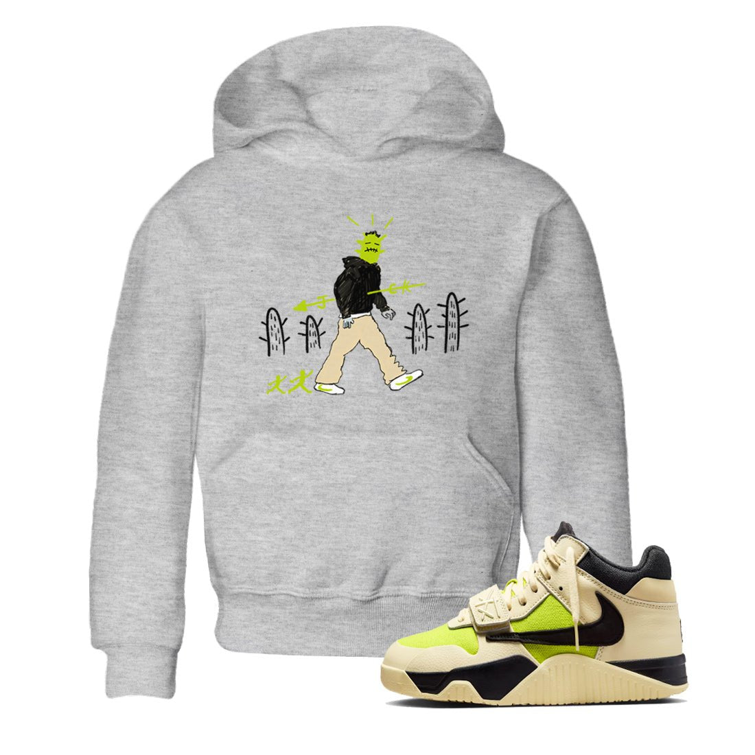 Cactus Man baby and kids t-shirt crafted for little sneakerheads to shine with the Jordan Jumpman Jack Travis Scott Bright Cactus sneakers, displayed in Heather Grey 1.