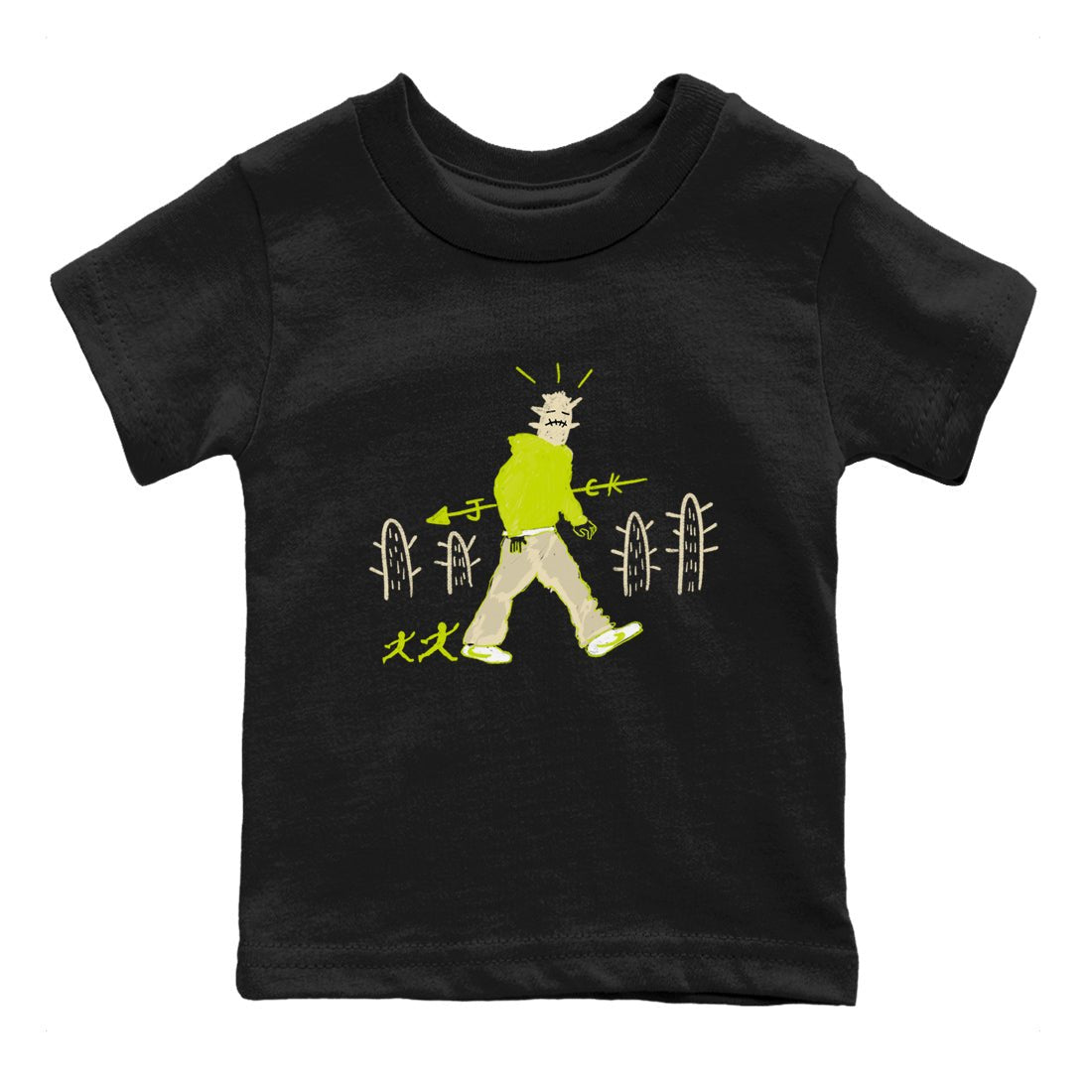 Cactus Man baby and kids t-shirt crafted for little sneakerheads to shine with the Jordan Jumpman Jack Travis Scott Bright Cactus sneakers, displayed in Black 2.