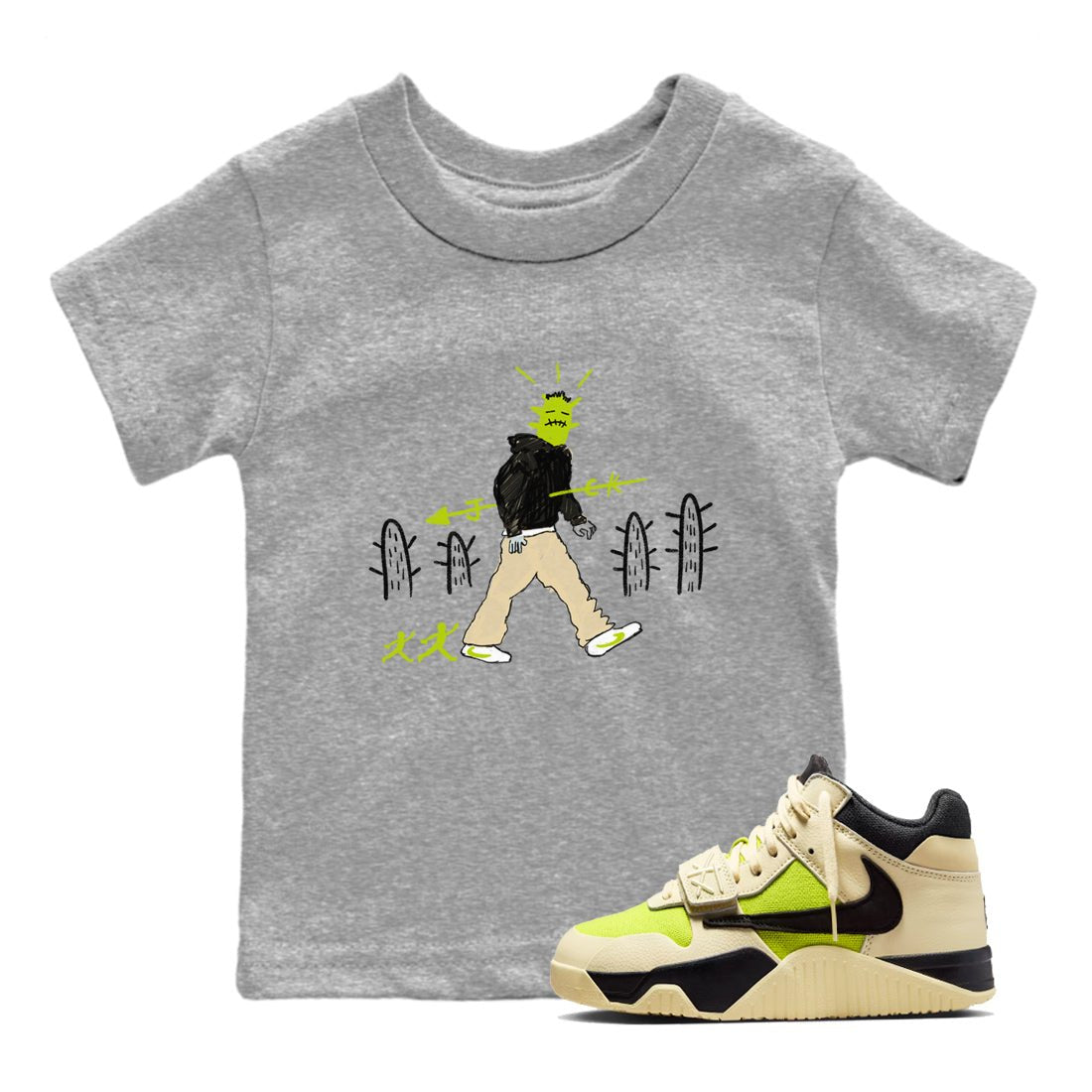 Cactus Man baby and kids t-shirt crafted for little sneakerheads to shine with the Jordan Jumpman Jack Travis Scott Bright Cactus sneakers, displayed in Heather Grey 1.