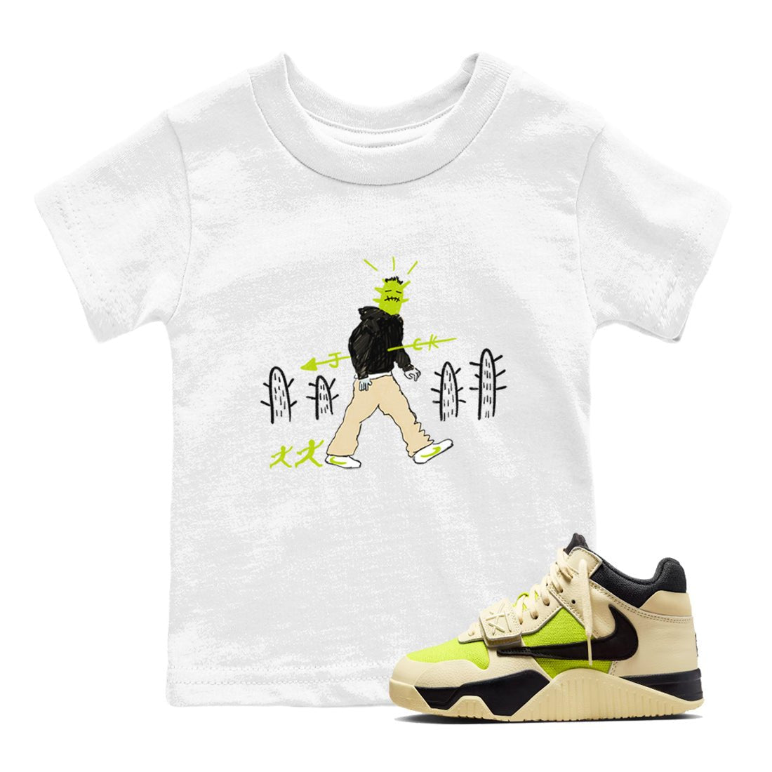 Cactus Man baby and kids t-shirt crafted for little sneakerheads to shine with the Jordan Jumpman Jack Travis Scott Bright Cactus sneakers, displayed in White 1.