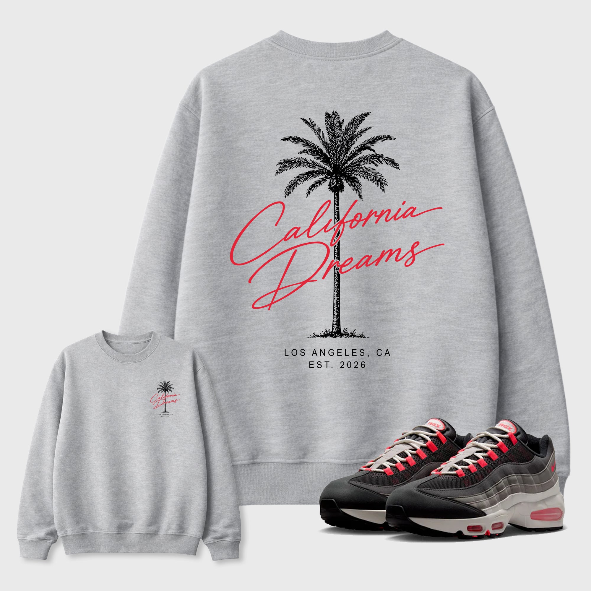 California Dreams Graphic T-Shirt featuring original streetwear artwork designed to match the Air Max 95 Reverse Solar Red. Heather Grey Graphic Tee.