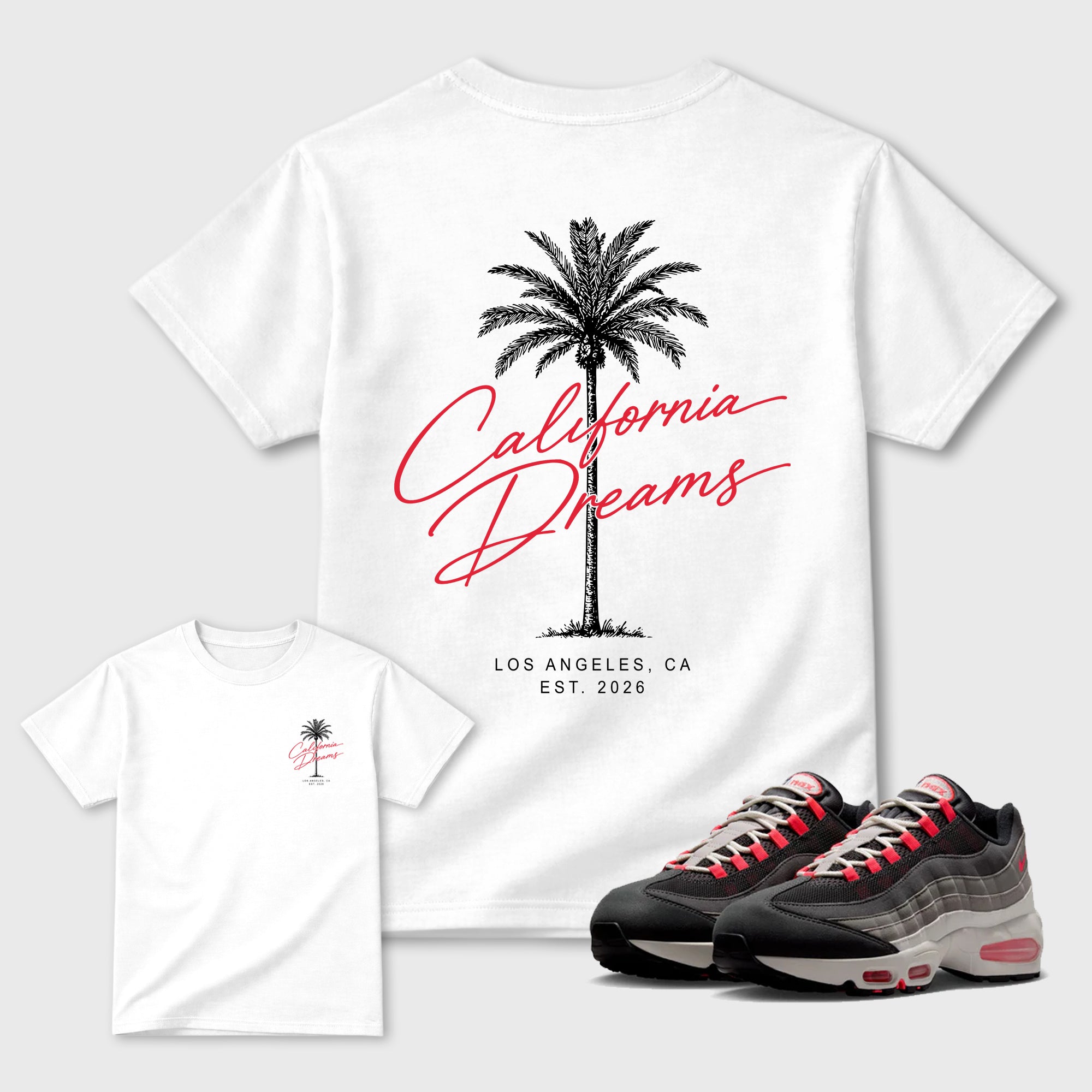 California Dreams Graphic T-Shirt featuring original streetwear artwork designed to match the Air Max 95 Reverse Solar Red. White Graphic T-Shirt.