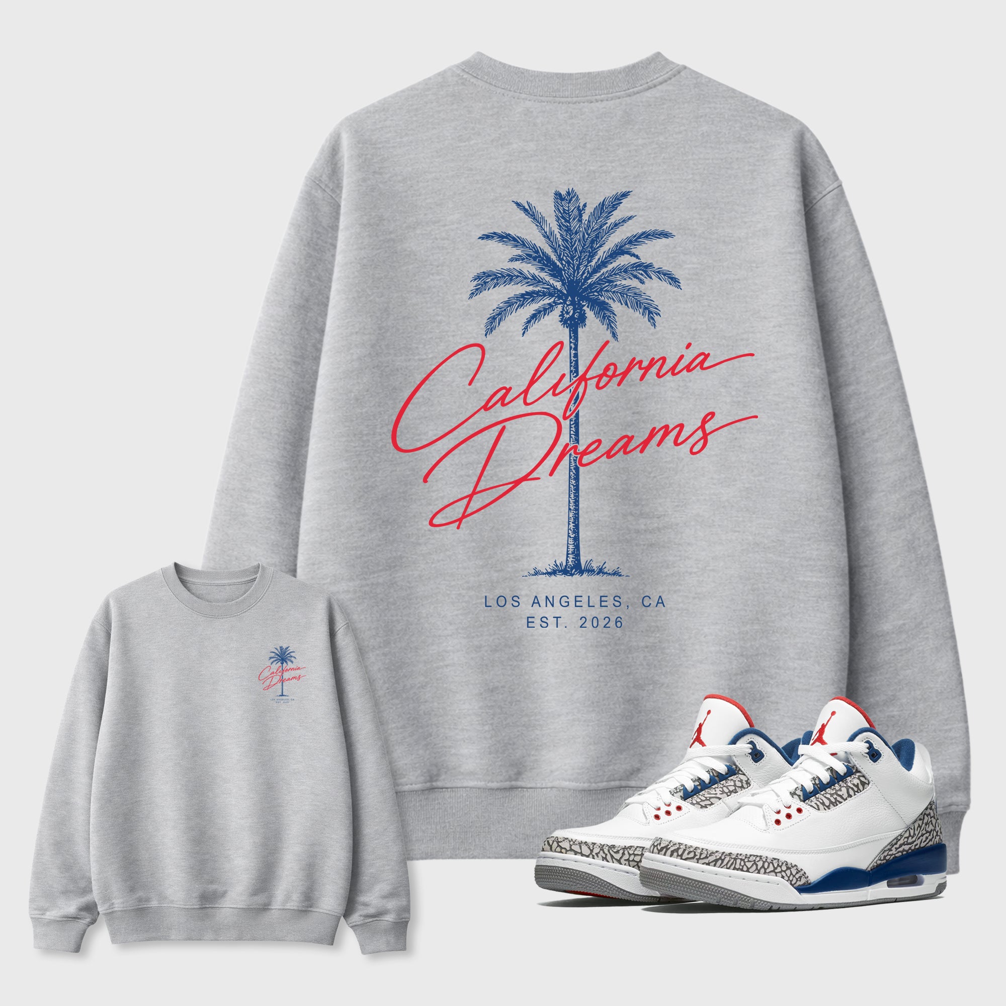 California Dreams Graphic T-Shirt featuring original streetwear artwork designed to match the Air Jordan 3 True Blue. Heather Grey Graphic Tee.