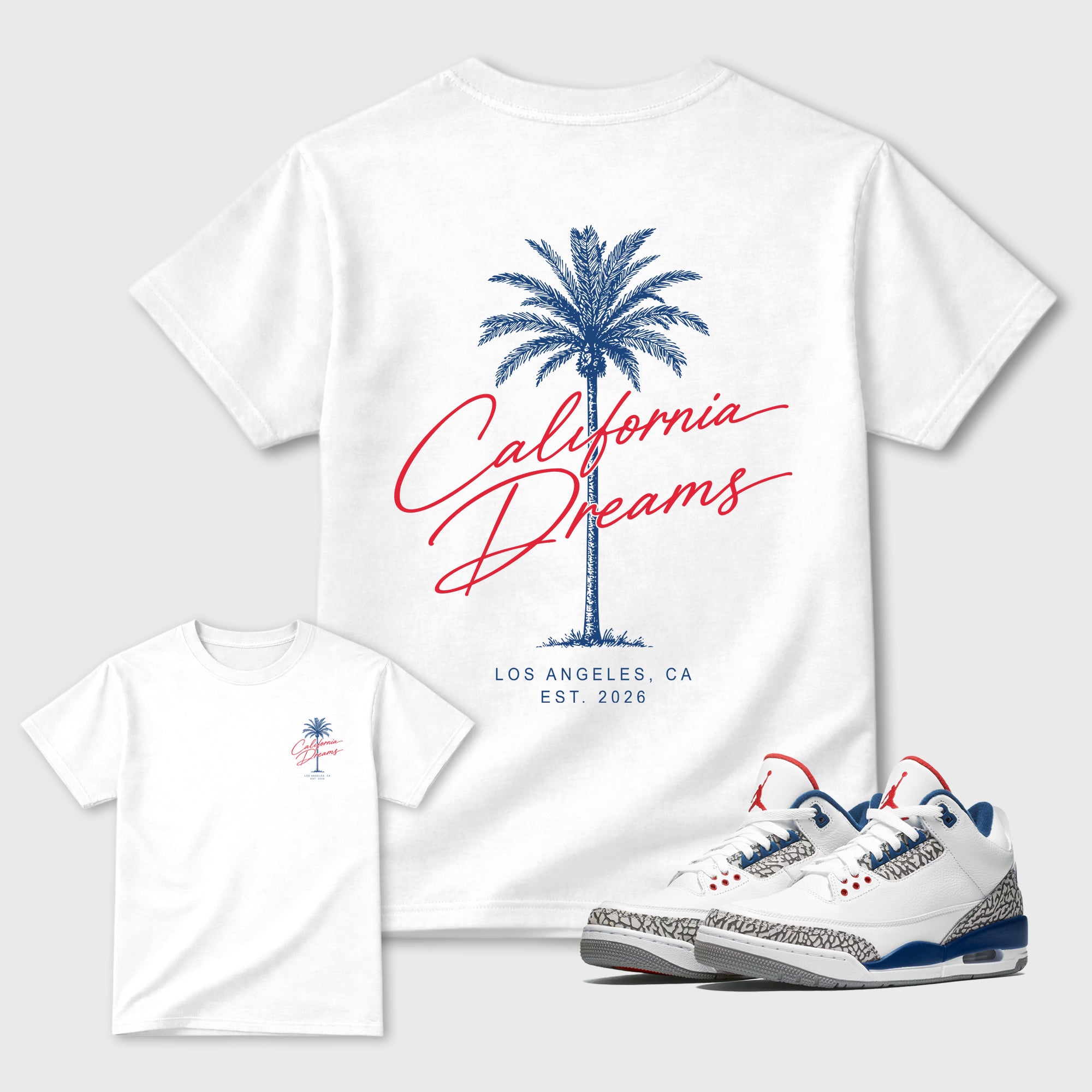 California Dreams Graphic T-Shirt featuring original streetwear artwork designed to match the Air Jordan 3 True Blue. White Graphic T-Shirt.