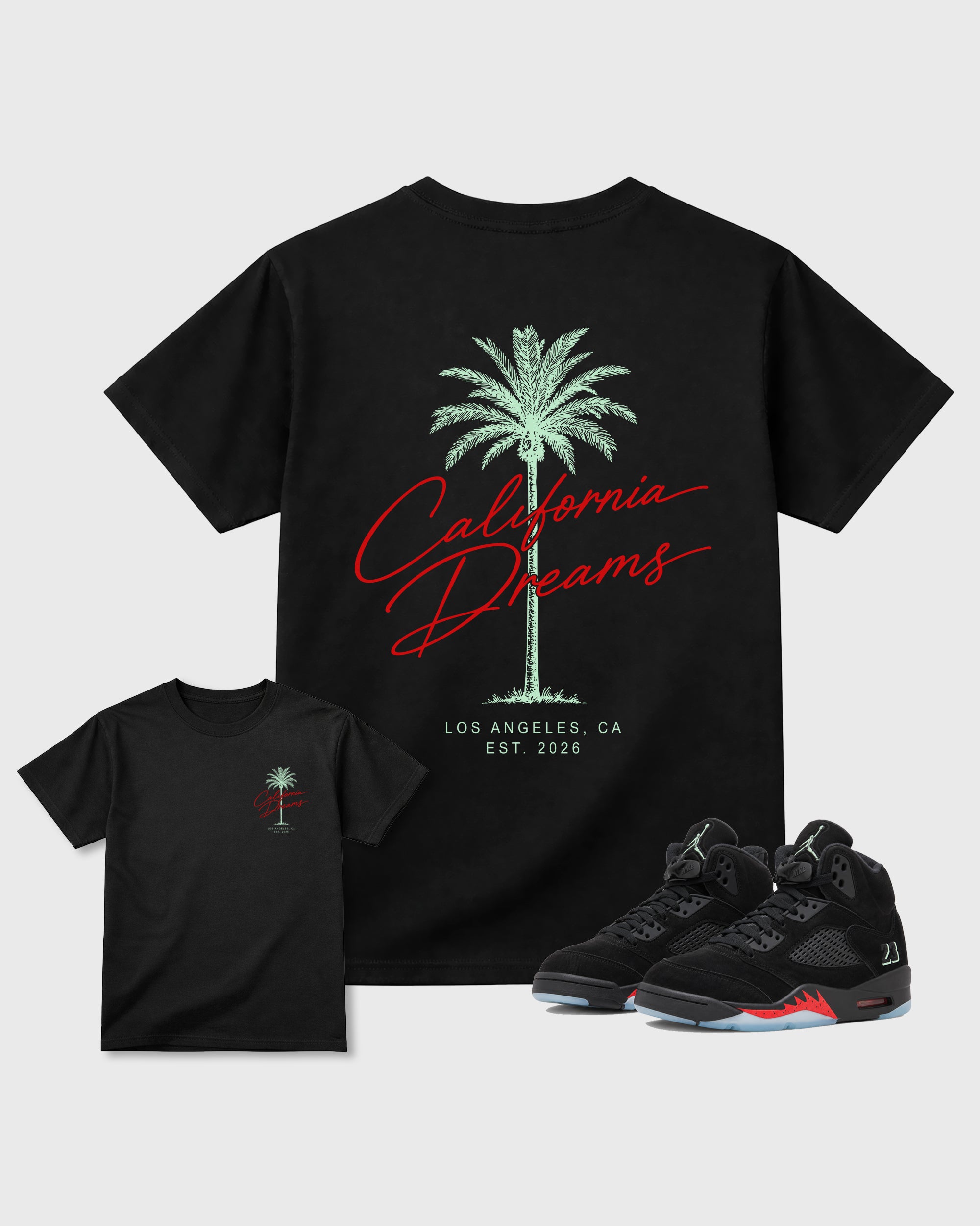California Dreams Black Graphic T-Shirt - 1, sneaker matching tee designed to match Air Jordan 5 Halloween sneakers for a coordinated sneaker outfit.