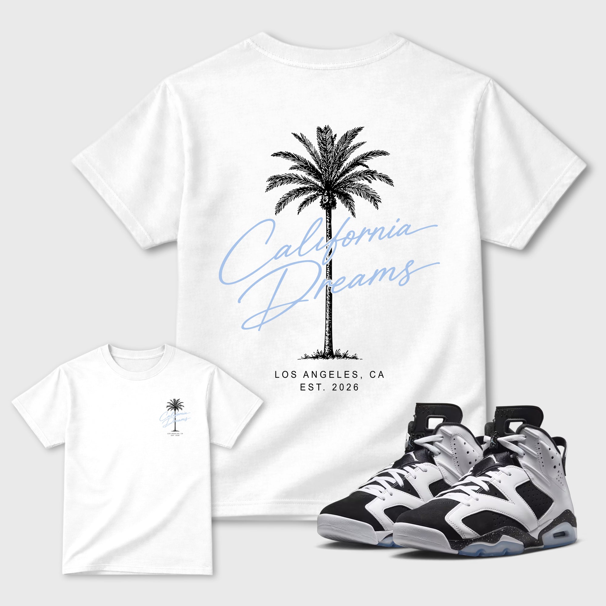California Dreams Graphic T-Shirt featuring original streetwear artwork designed to match the . White Graphic T-Shirt.